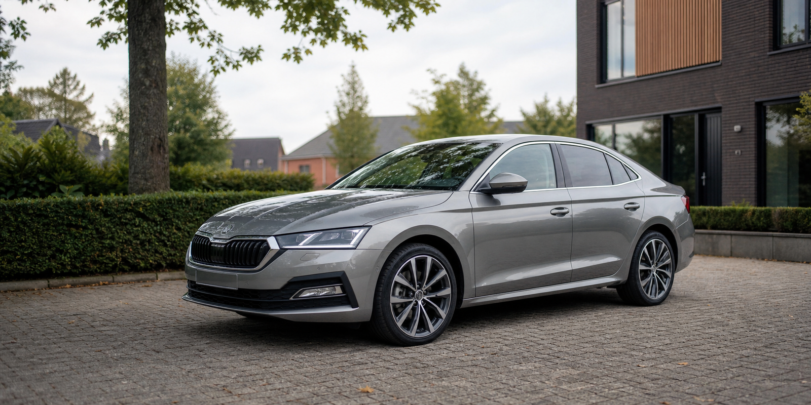 Een moderne jong gebruikte leaseauto op een nette Nederlandse locatie, zoals een woonwijk of zakelijke omgeving, met een verzorgde en betrouwbare uitstraling