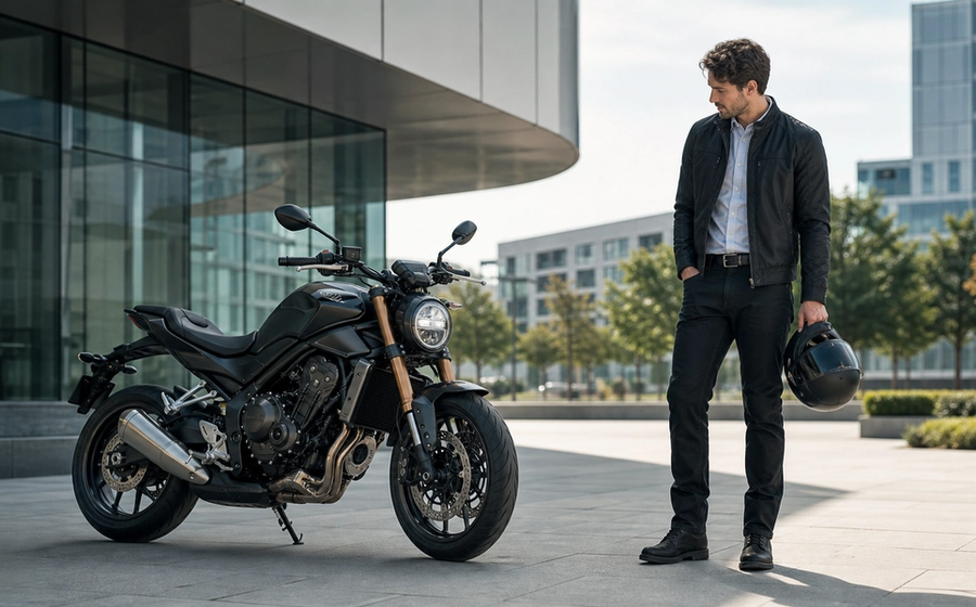Persoon bij een moderne motorfiets die overweegt of motor leasen of kopen in 2026 de slimste keuze is