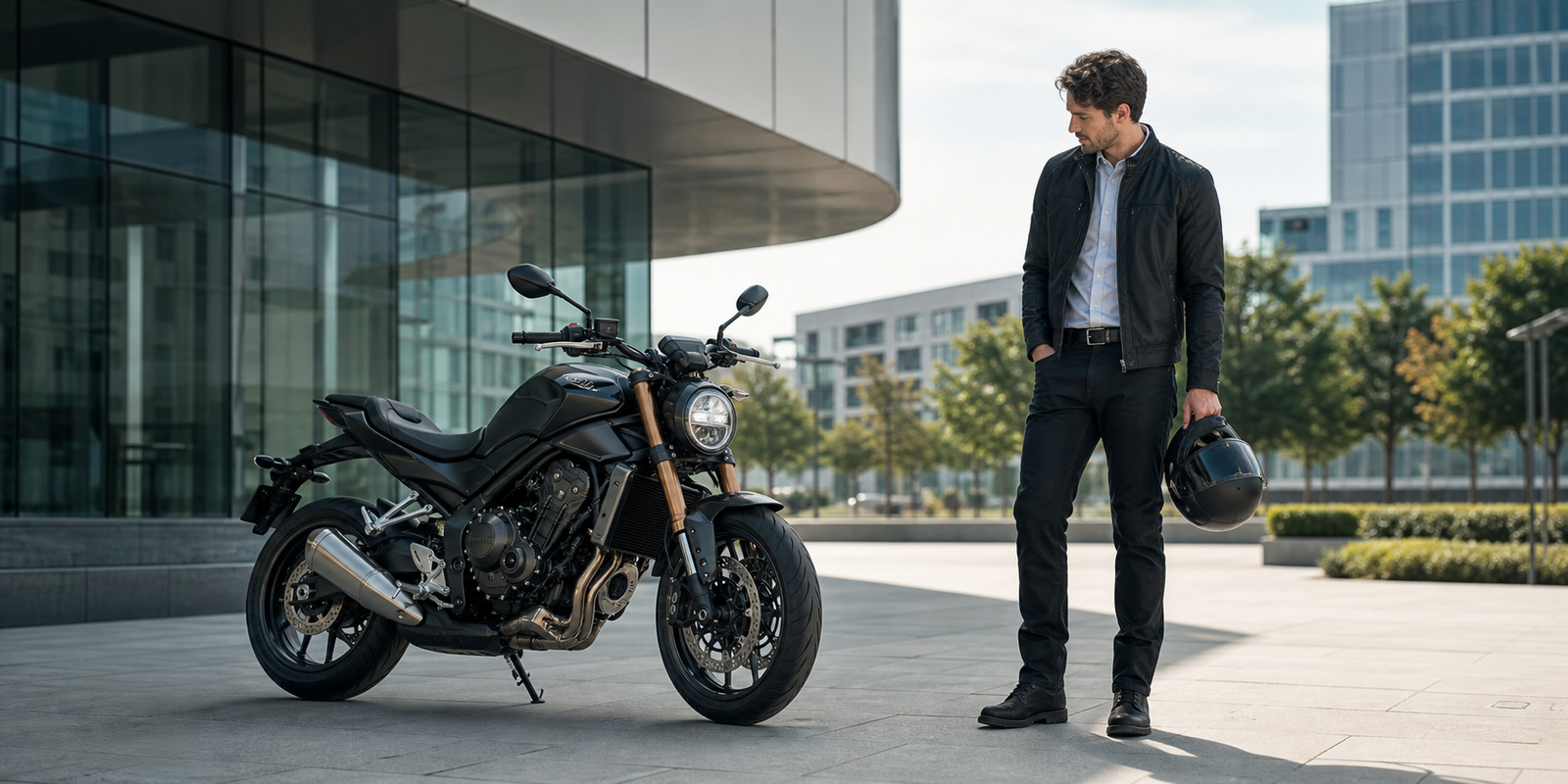 Persoon bij een moderne motorfiets die overweegt of motor leasen of kopen in 2026 de slimste keuze is