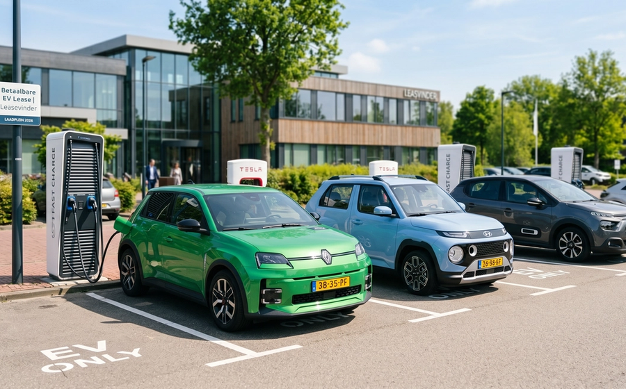 Renault 5 en Hyundai INSTER op een laadplein in Nederland - betaalbare elektrische lease 2026