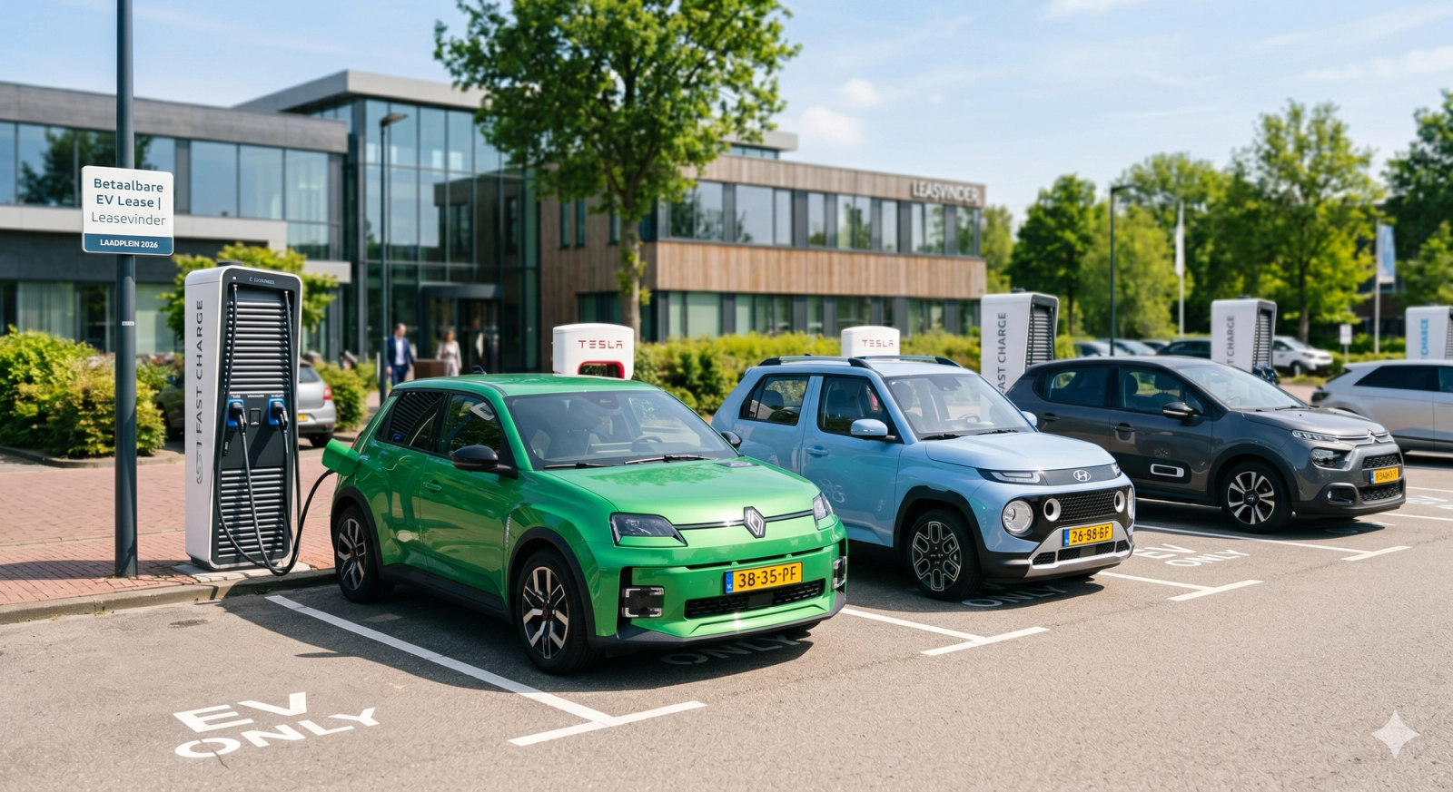 Renault 5 en Hyundai INSTER op een laadplein in Nederland - betaalbare elektrische lease 2026