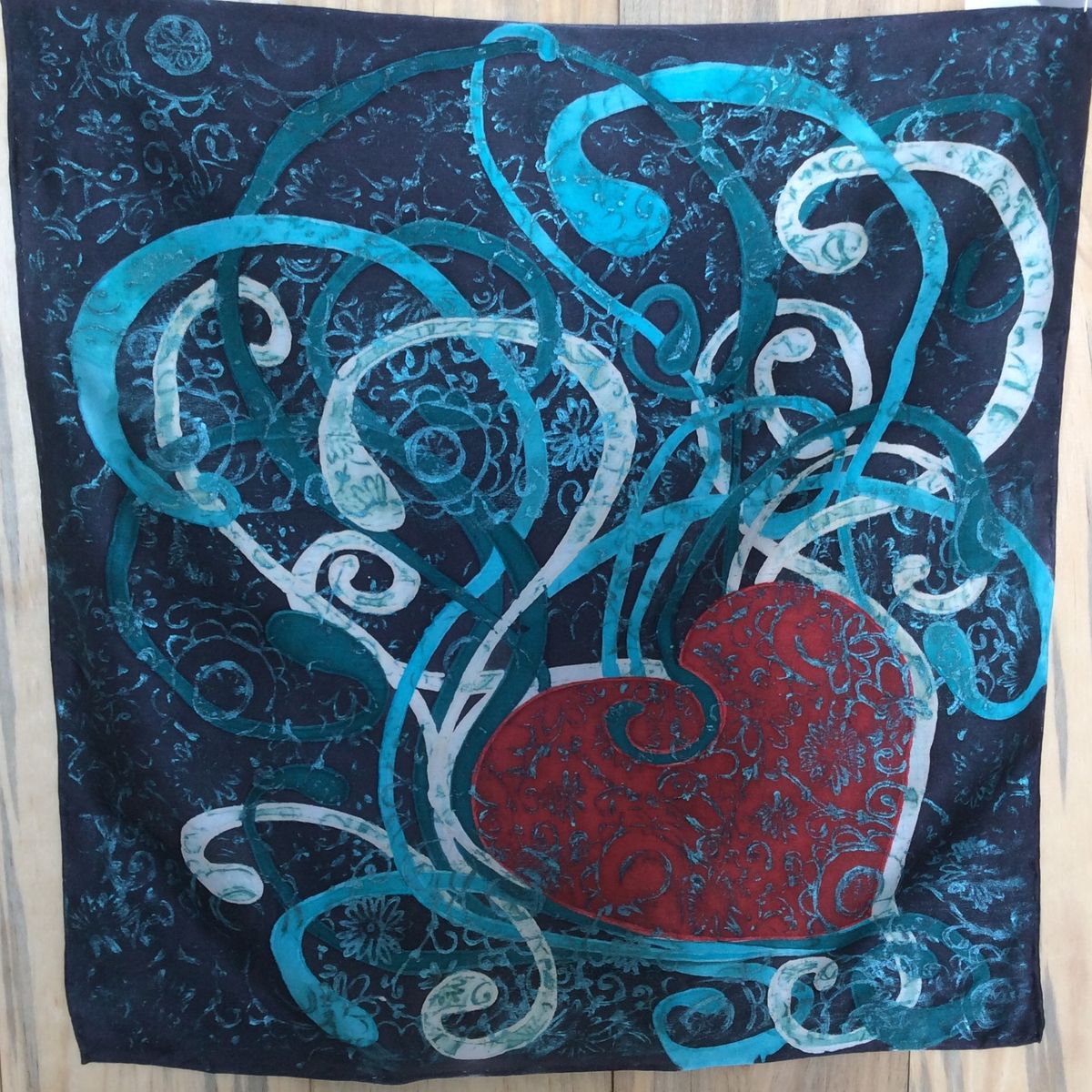 Red Heart with Turquoise Swirls on Habotai Silk — image 3