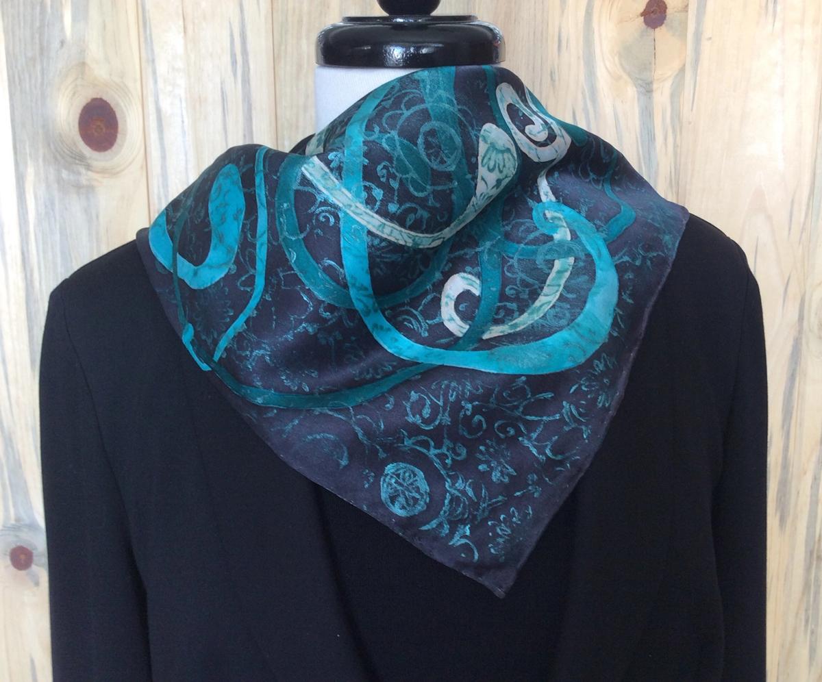 Red Heart with Turquoise Swirls on Habotai Silk — image 2