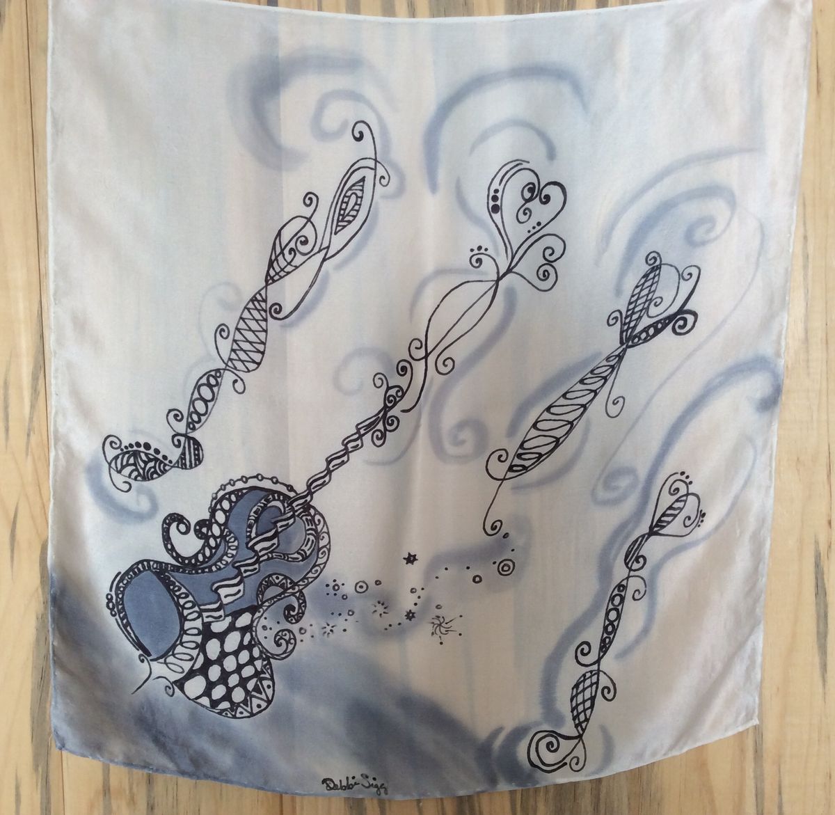 String Instrument on Silk Satin Black and White with Doodles — image 2