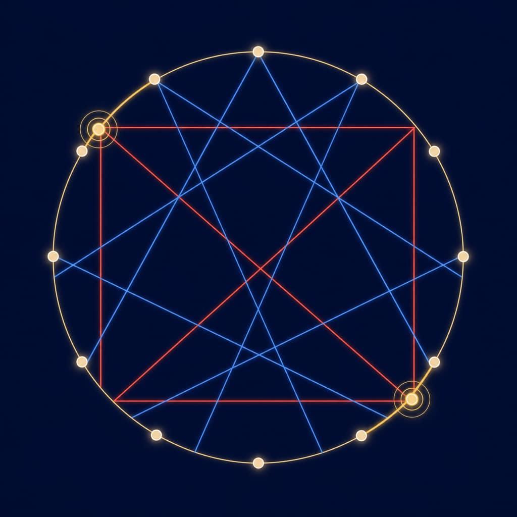 A circular geometry diagram with coloured lines connecting points around a circle (square, trine, conjunction).