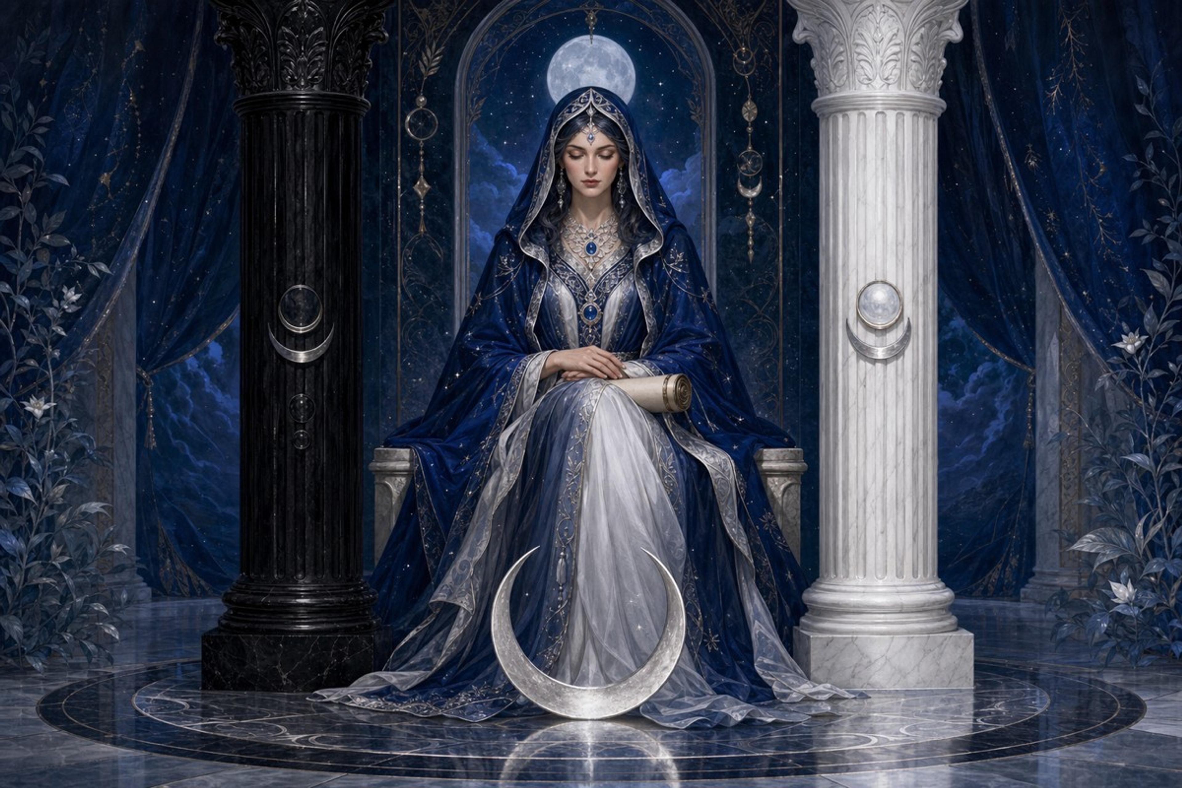 a seated robed figure between two pillars (one black, one white), crescent moon at her feet, scroll partly hidden in her lap, deep blue and silver palette — illustration, not photo