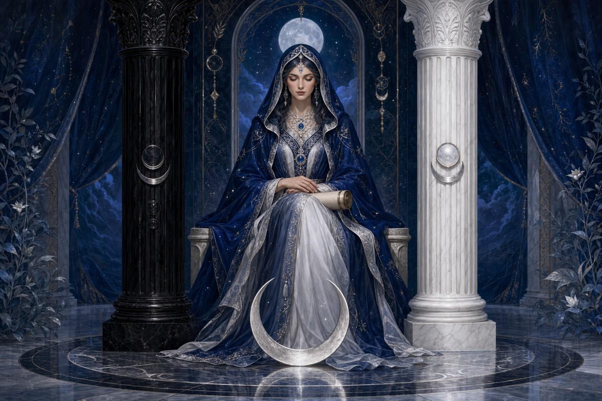 a seated robed figure between two pillars (one black, one white), crescent moon at her feet, scroll partly hidden in her lap, deep blue and silver palette — illustration, not photo