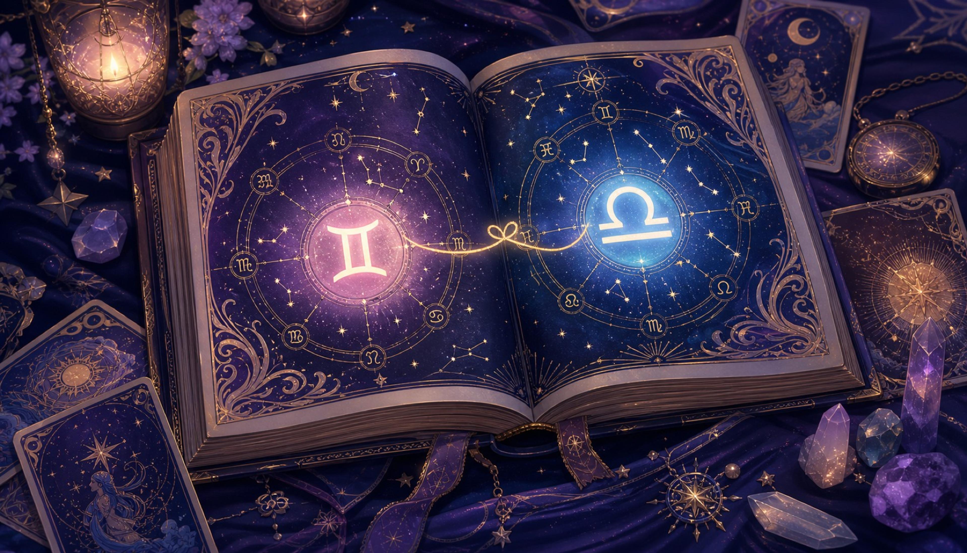 A mystical open grimoire showing zodiac compatibility, with Gemini and Libra glyphs glowing and connected by a golden thread, surrounded by tarot cards and crystals