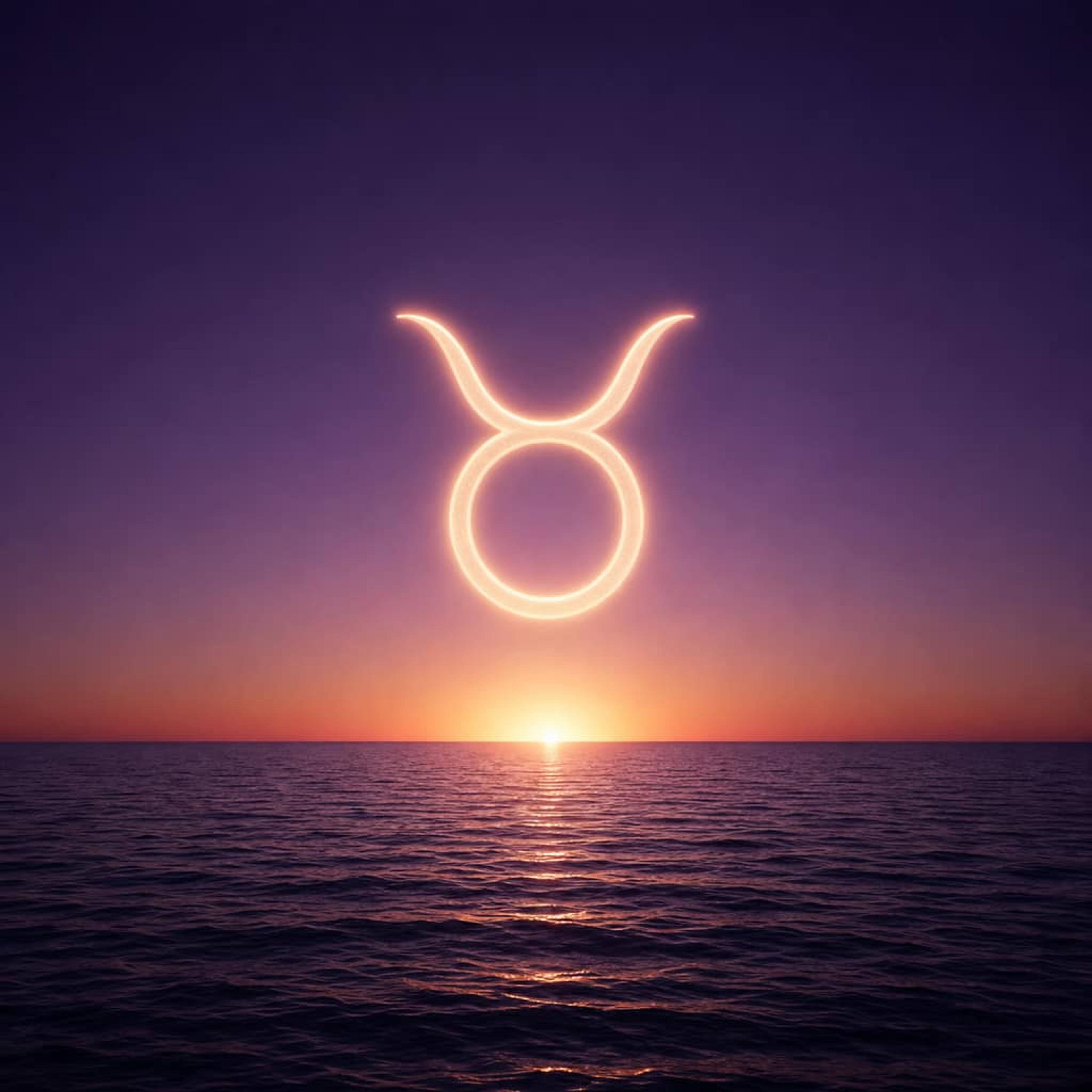 A horizon line at dawn with a zodiac glyph rising on a deep purple gradient sky.