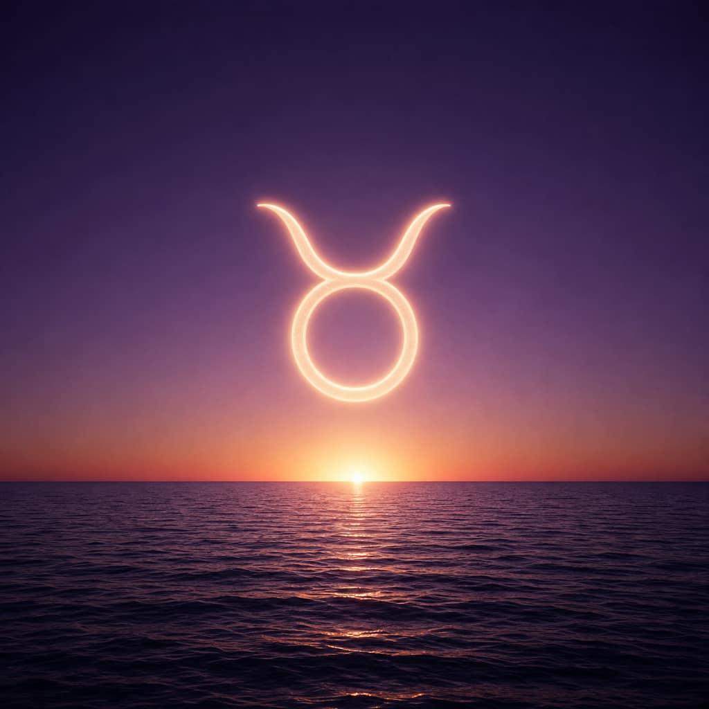 A horizon line at dawn with a zodiac glyph rising on a deep purple gradient sky.