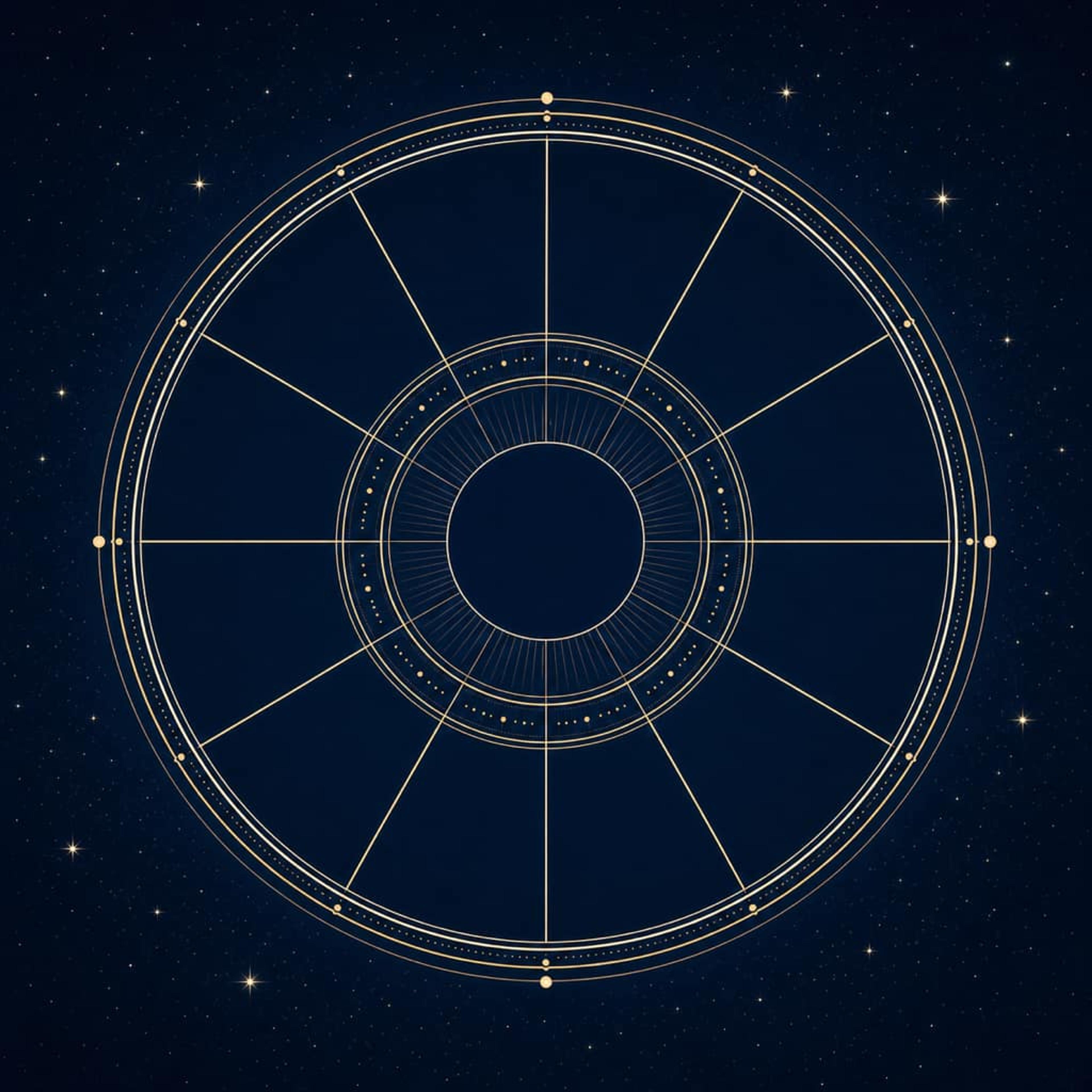 A 12-segment astrological chart wheel on deep navy with a soft starfield and pale-gold linework.