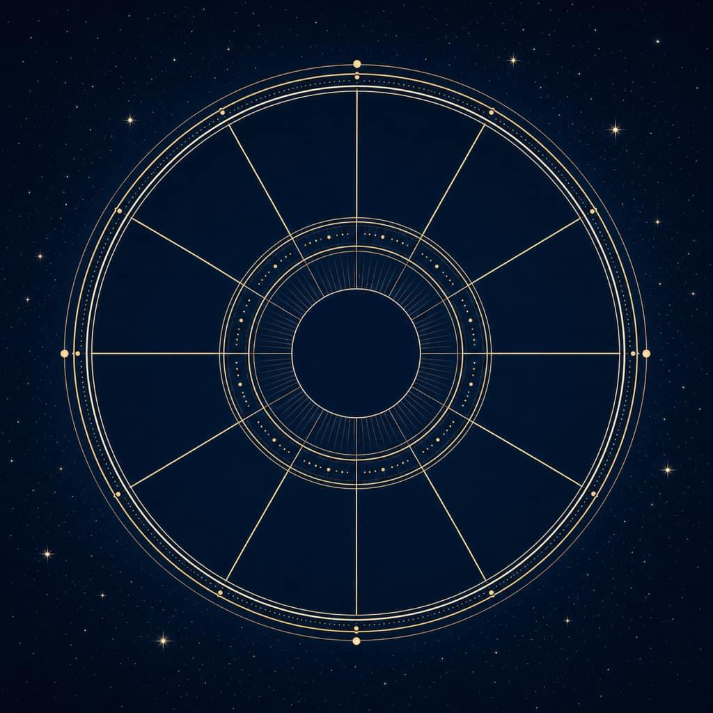 A 12-segment astrological chart wheel on deep navy with a soft starfield and pale-gold linework.