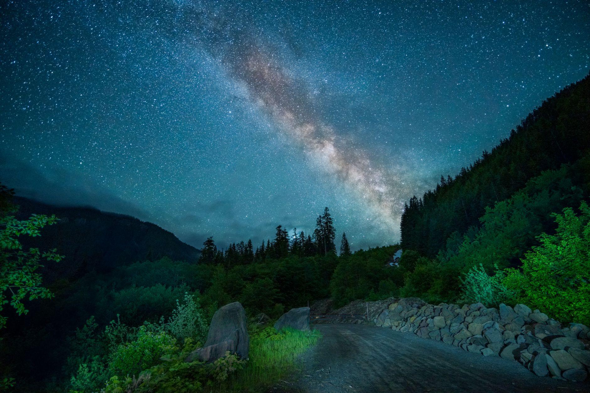 The Milky Way glowing over a quiet forest road at night, symbolizing a path returning into view
