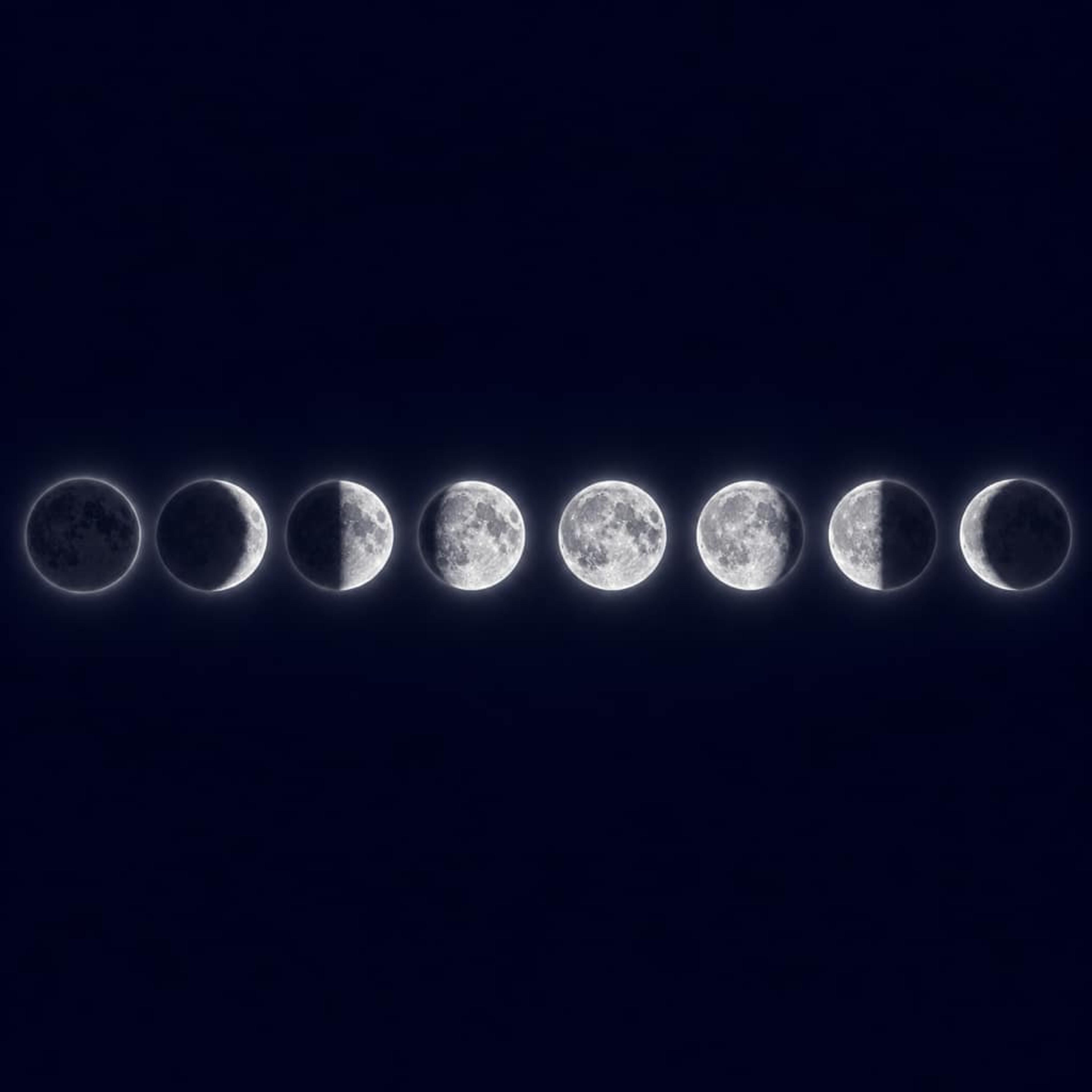 Eight phases of the Moon arranged in a horizontal row on dark indigo, soft silver glow.