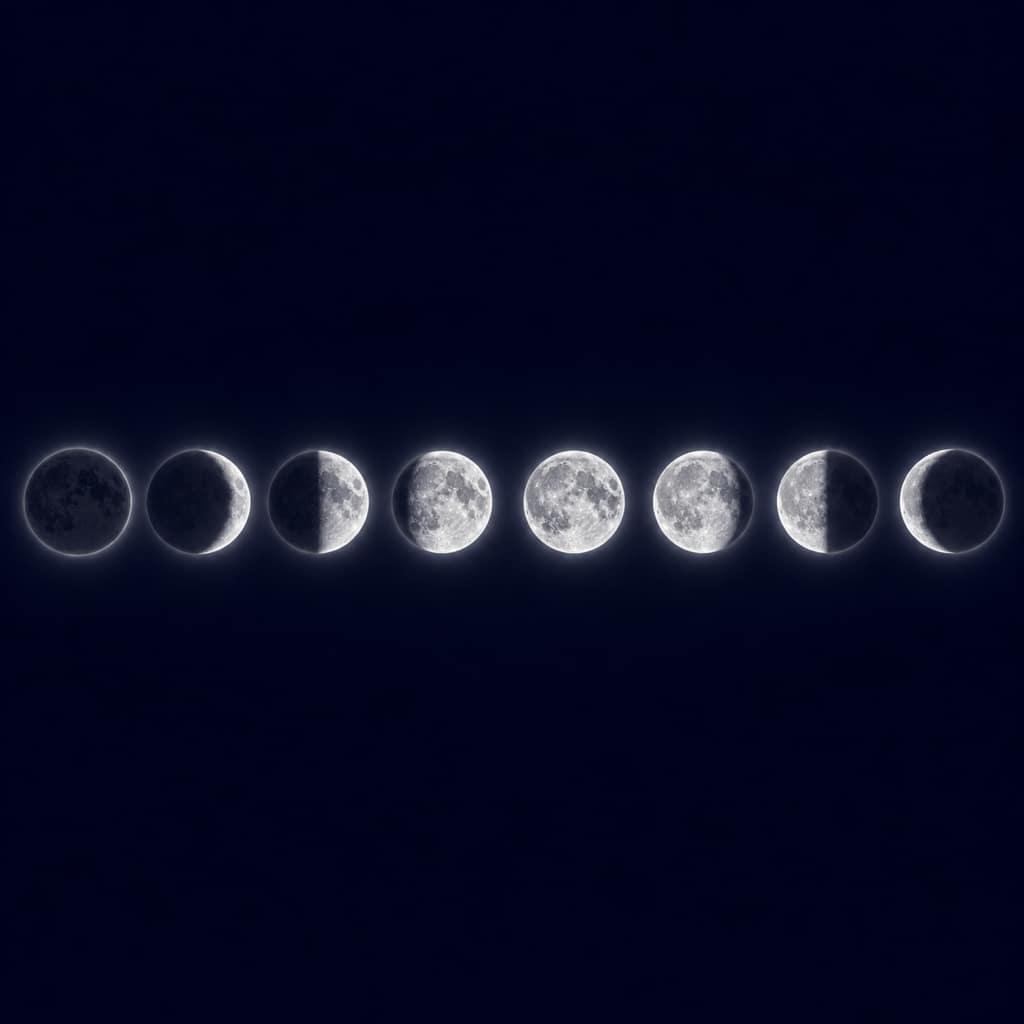 Eight phases of the Moon arranged in a horizontal row on dark indigo, soft silver glow.