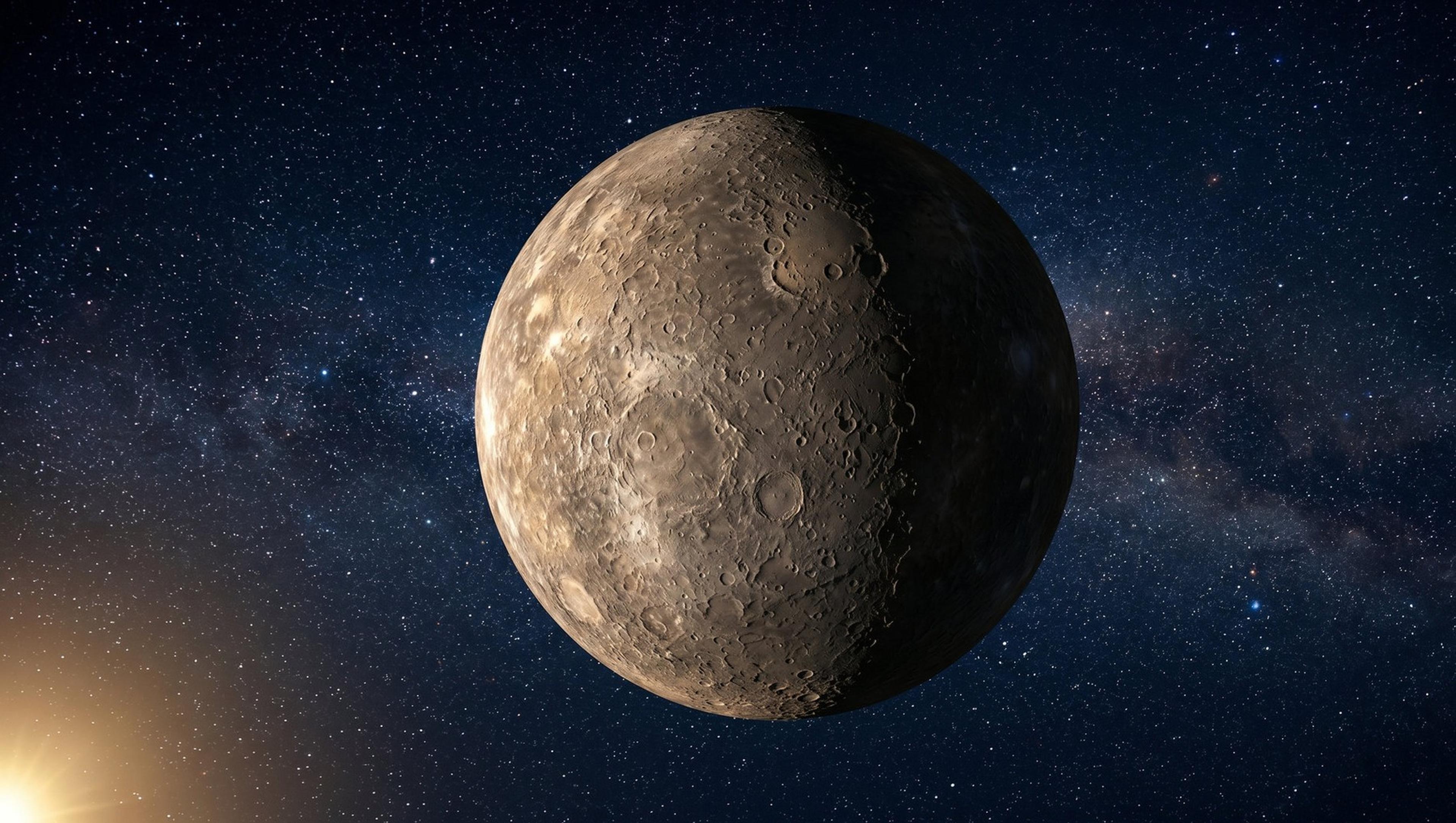 The planet Mercury, cratered surface against a starfield, evoking the retrograde phase