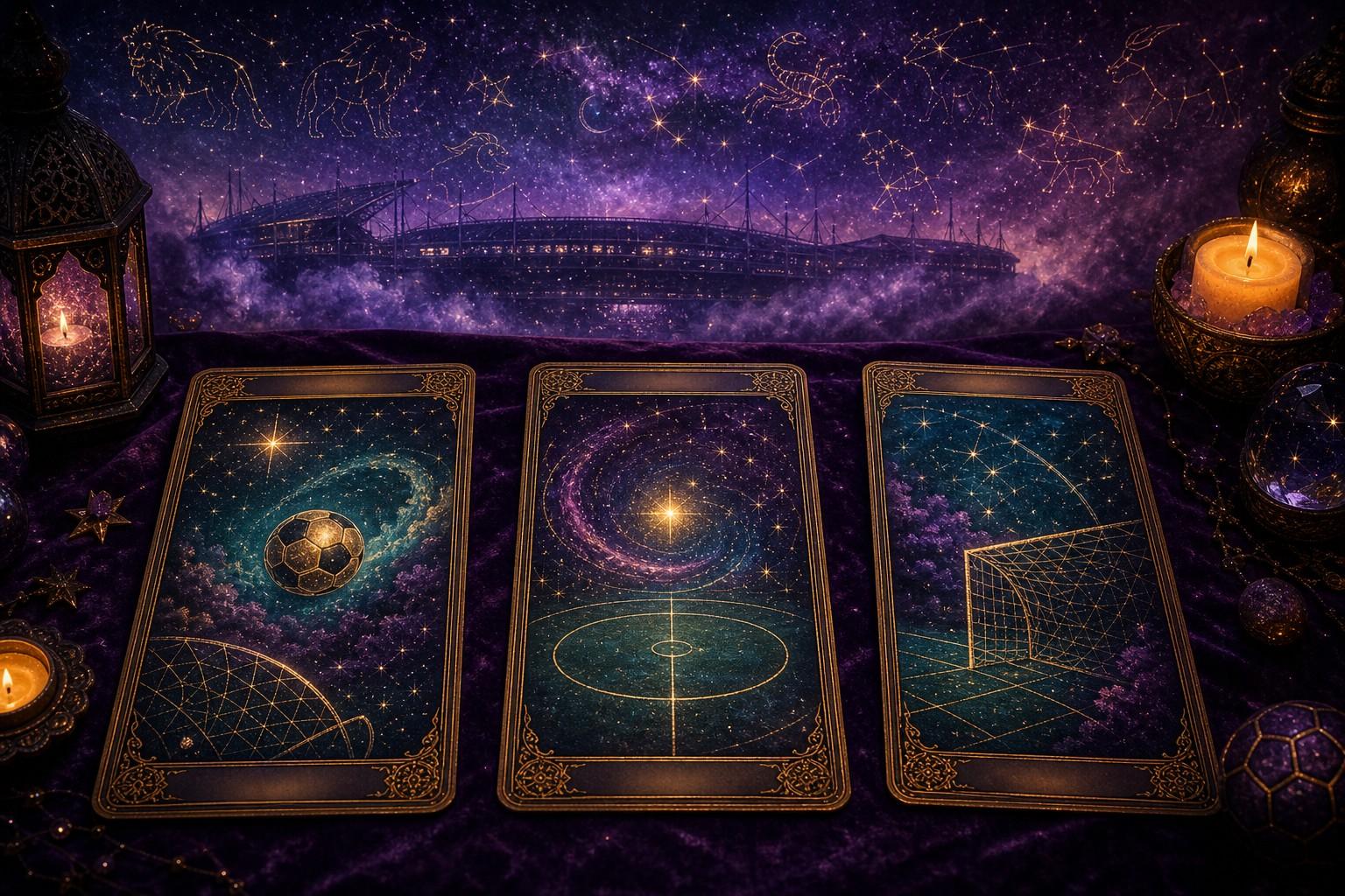 A three-card tarot spread glowing with football motifs and a stadium silhouette under a starry sky