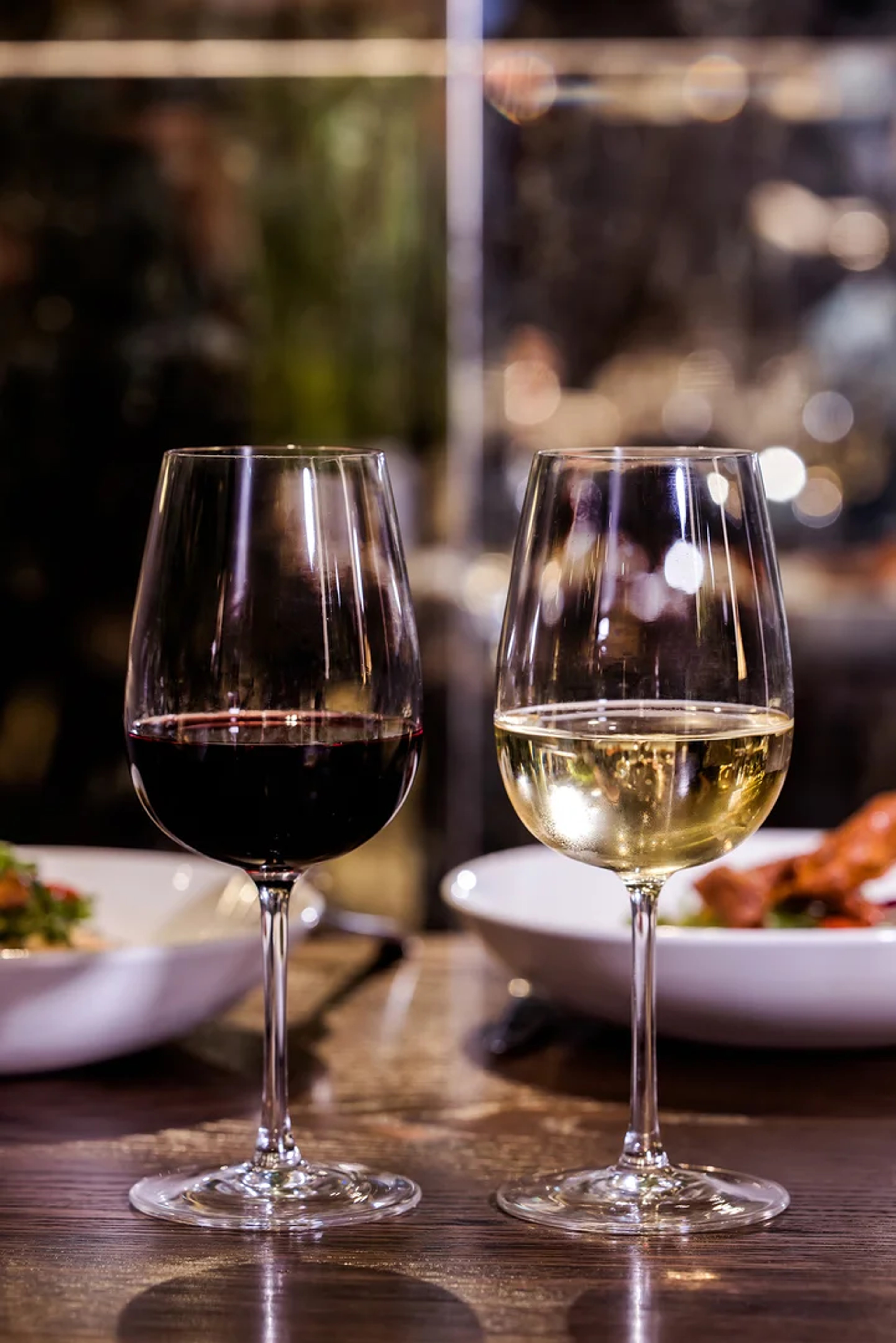 Red and white wine glasses at the Brasserie restaurant