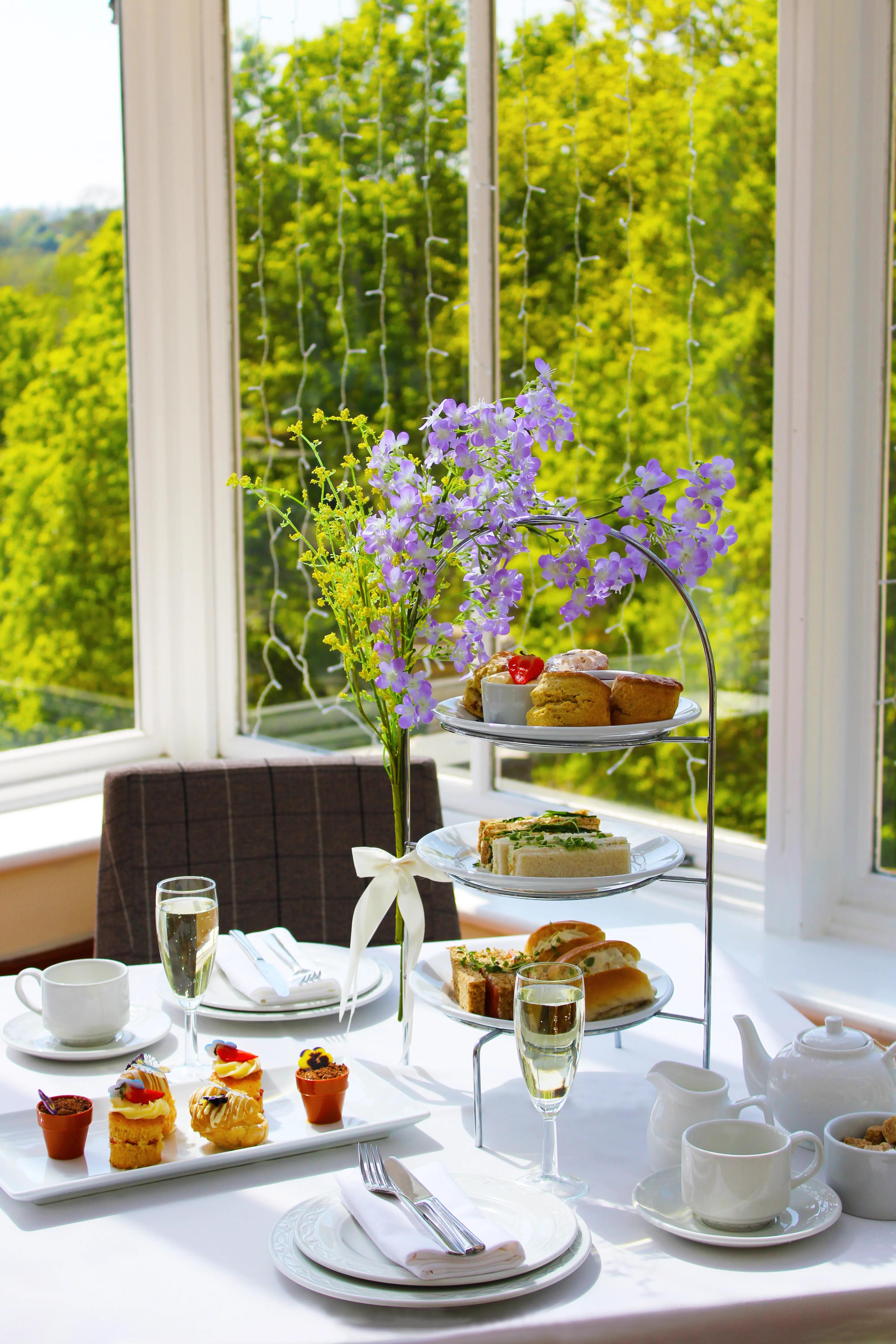 Afternoon tea spread with tiered stand, scones, and champagne by a sunlit window at Salomons Estate