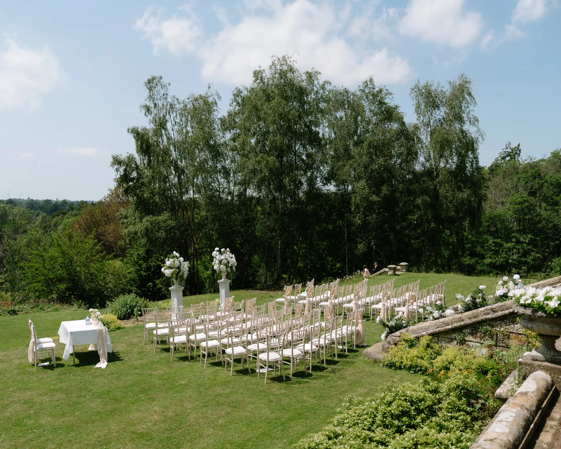 Wide view of the outdoor wedding ceremony lawn at Salomons Estate