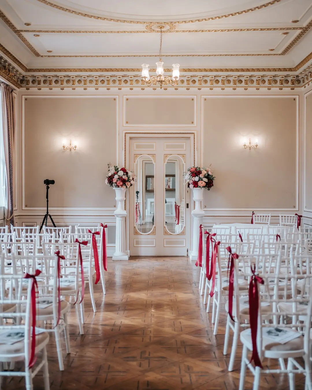 Wedding ceremony seating in an elegant Victorian room at Salomons Estate