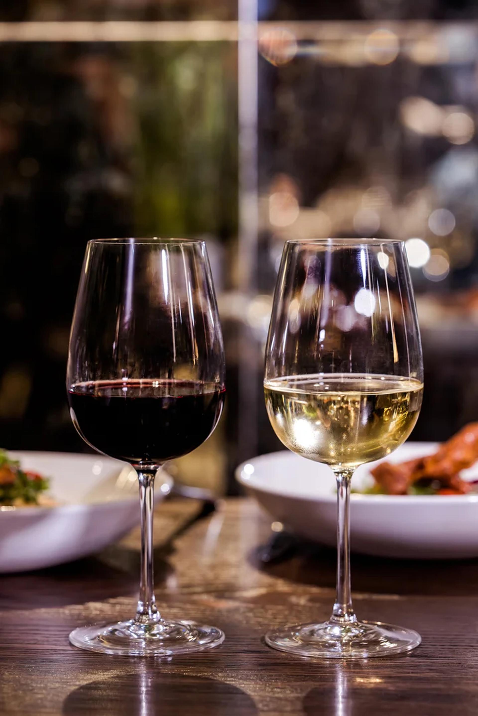 Red and white wine glasses at the Brasserie restaurant
