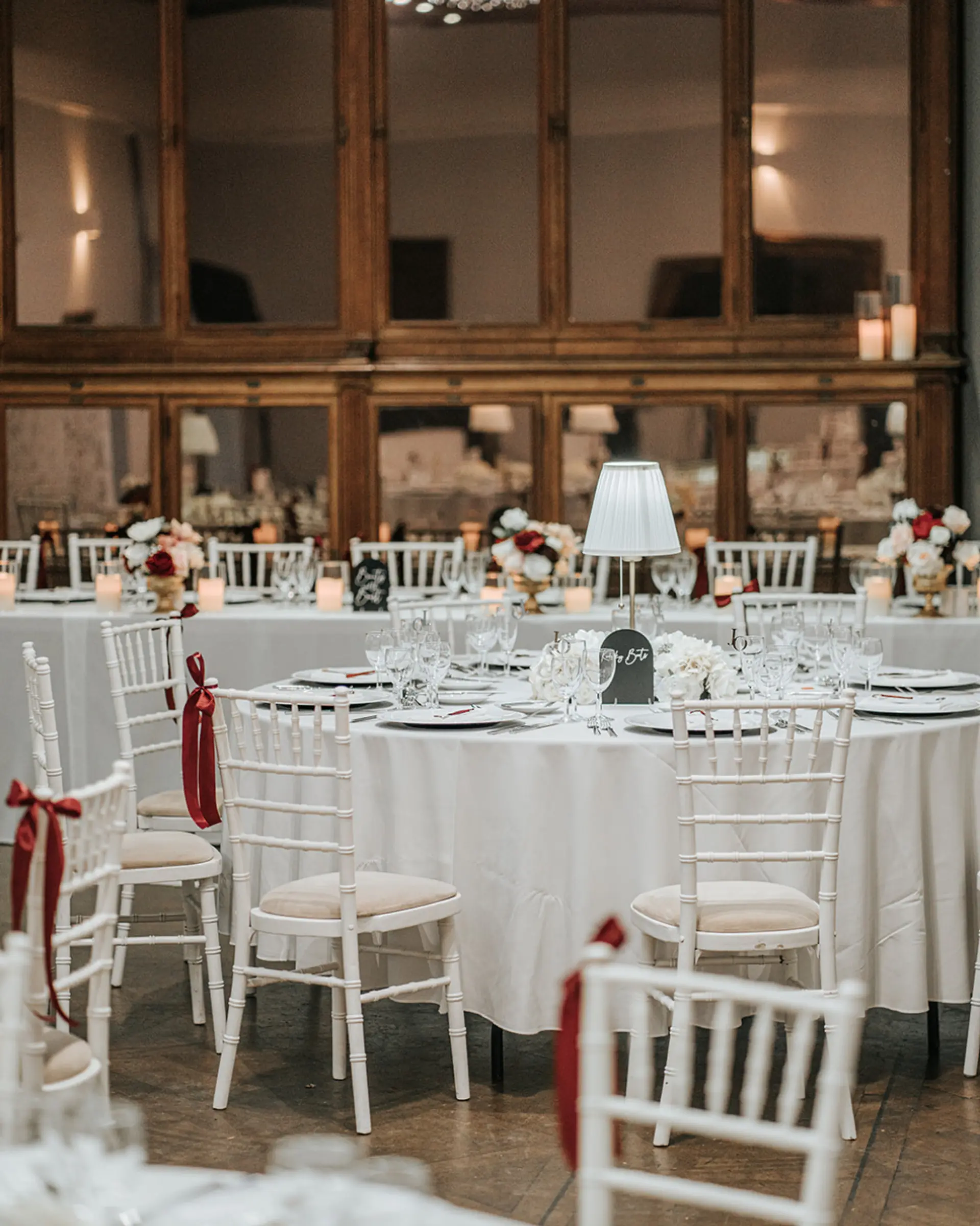 Wedding reception tables in the Theatre at Salomons Estate
