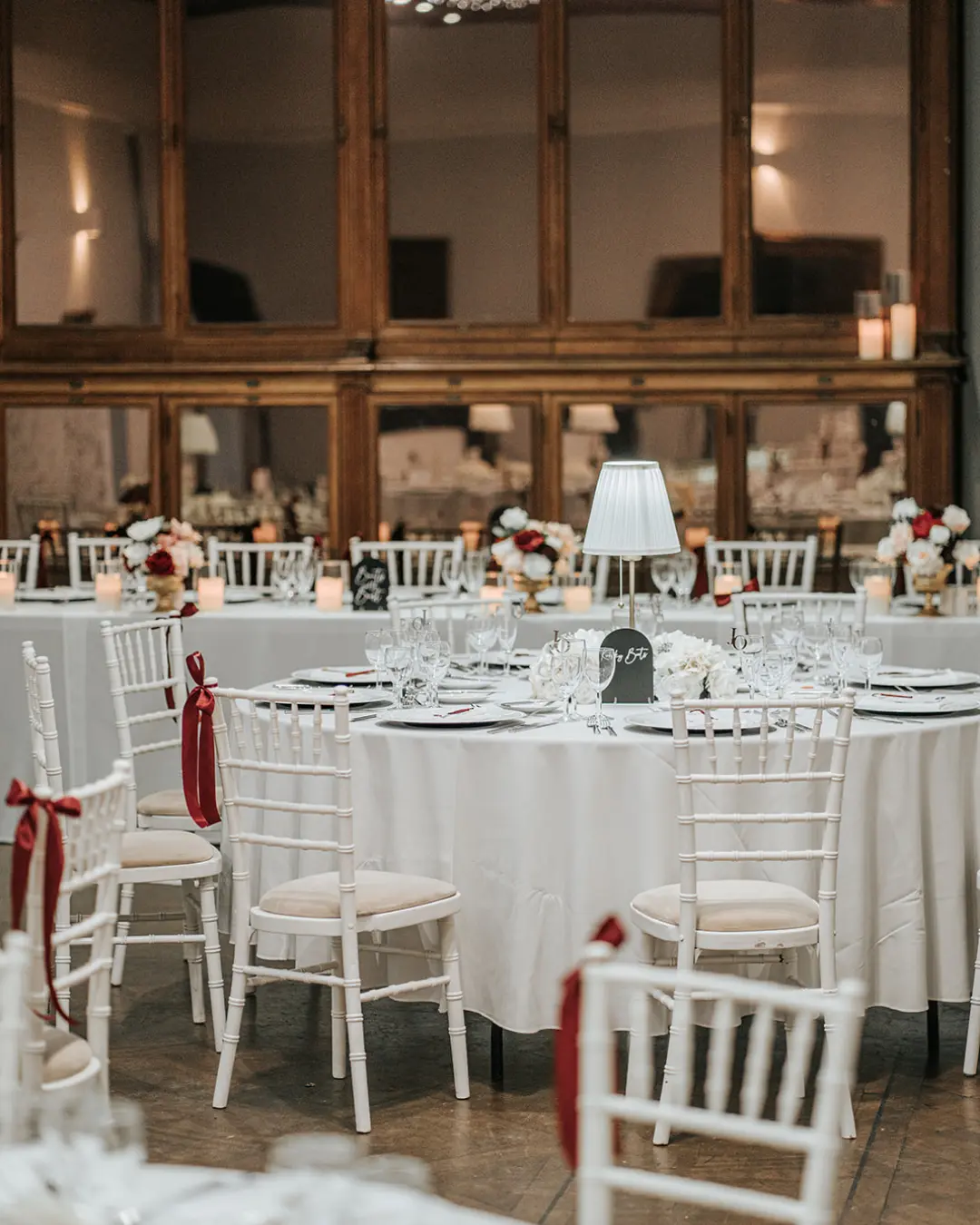 Wedding reception tables in the Theatre at Salomons Estate
