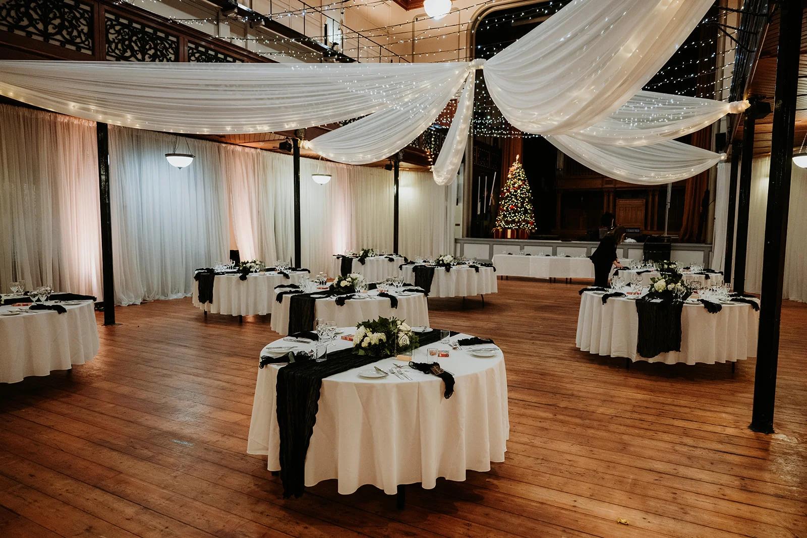 The Victorian Theatre at Salomons Estate decorated with fairy lights and a Christmas tree