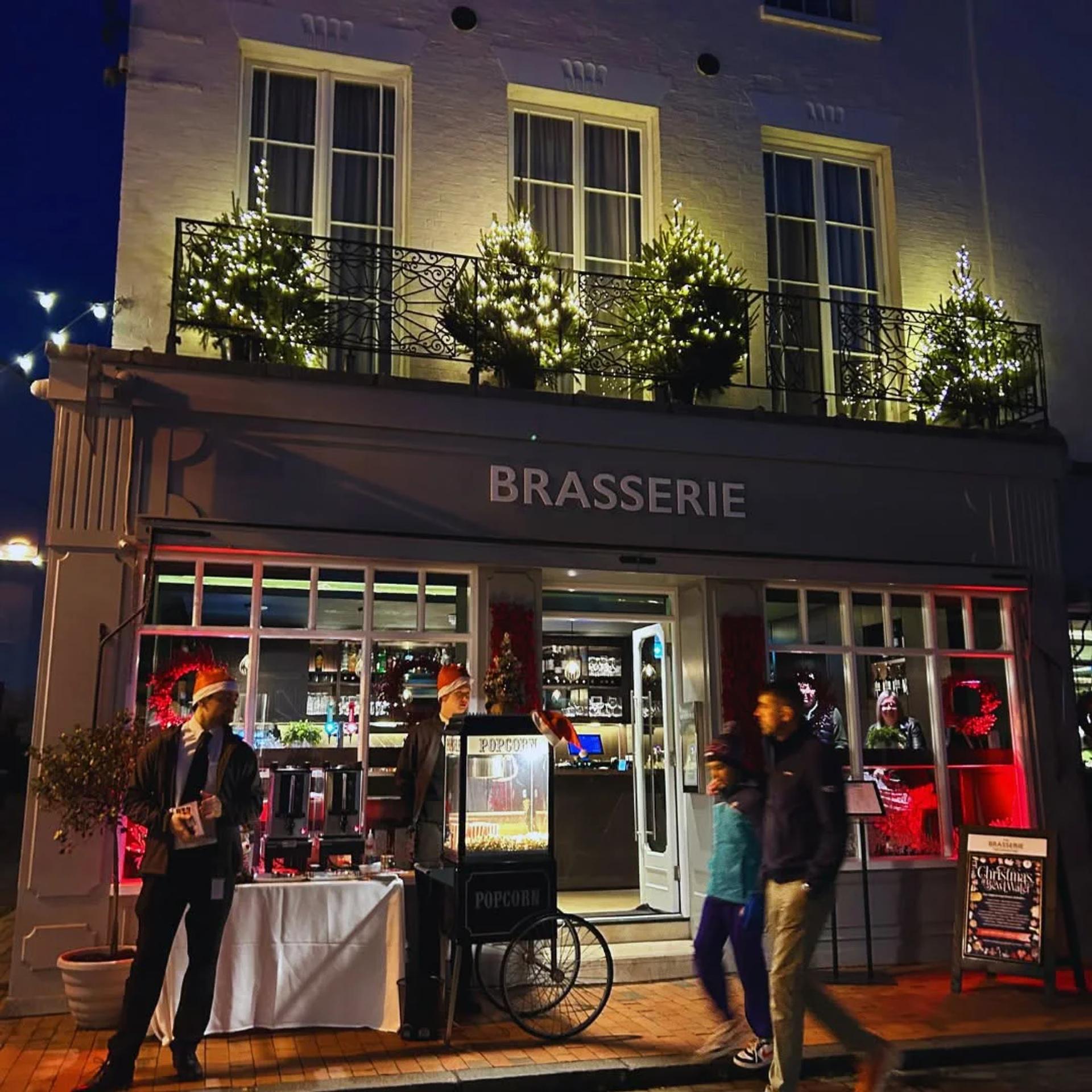 The Brasserie lit up for Christmas on Chapel Place, Royal Tunbridge Wells