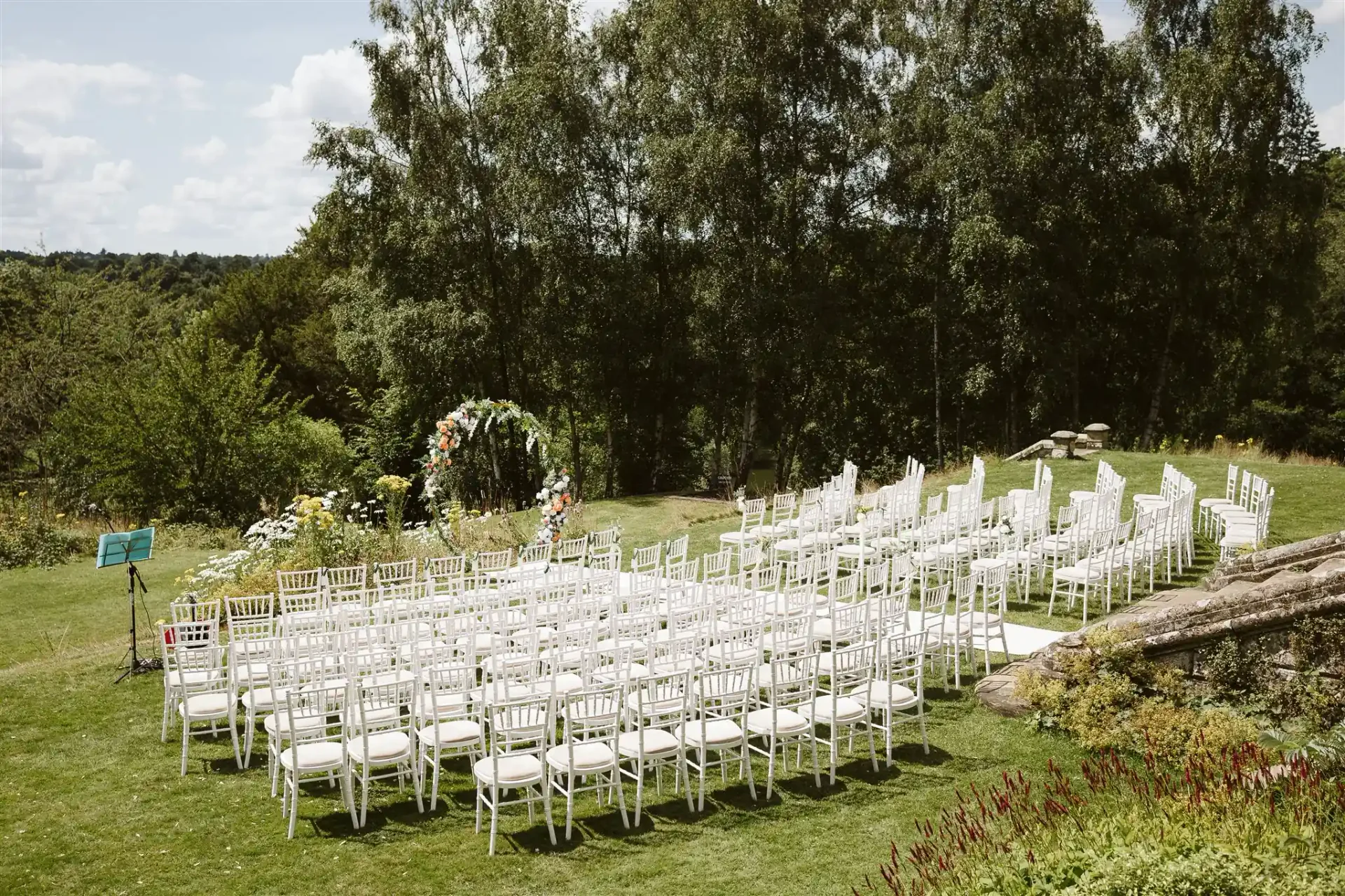 Elevated view of a wedding ceremony on the terrace at Salomons Estate
