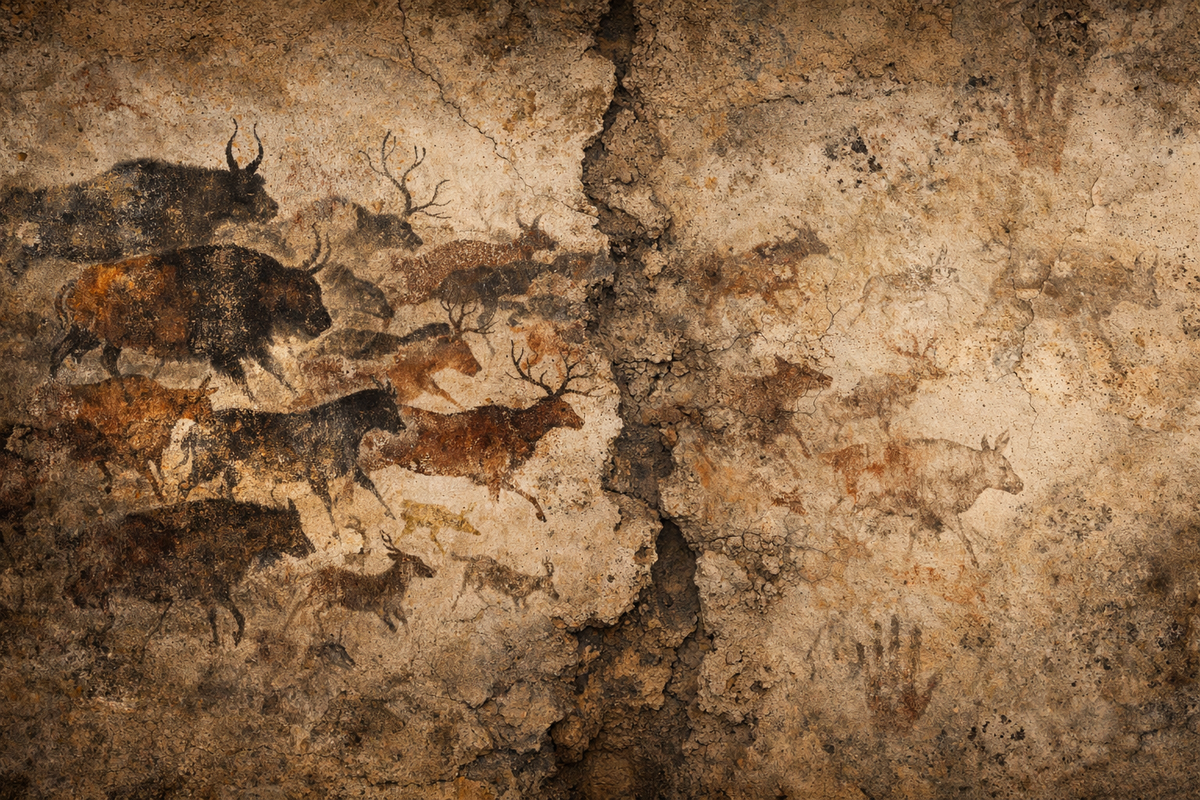 A cave-painting-style image of animals in motion—bison, deer, and other herd animals—painted across a cracked stone wall in earthy browns and ochres.