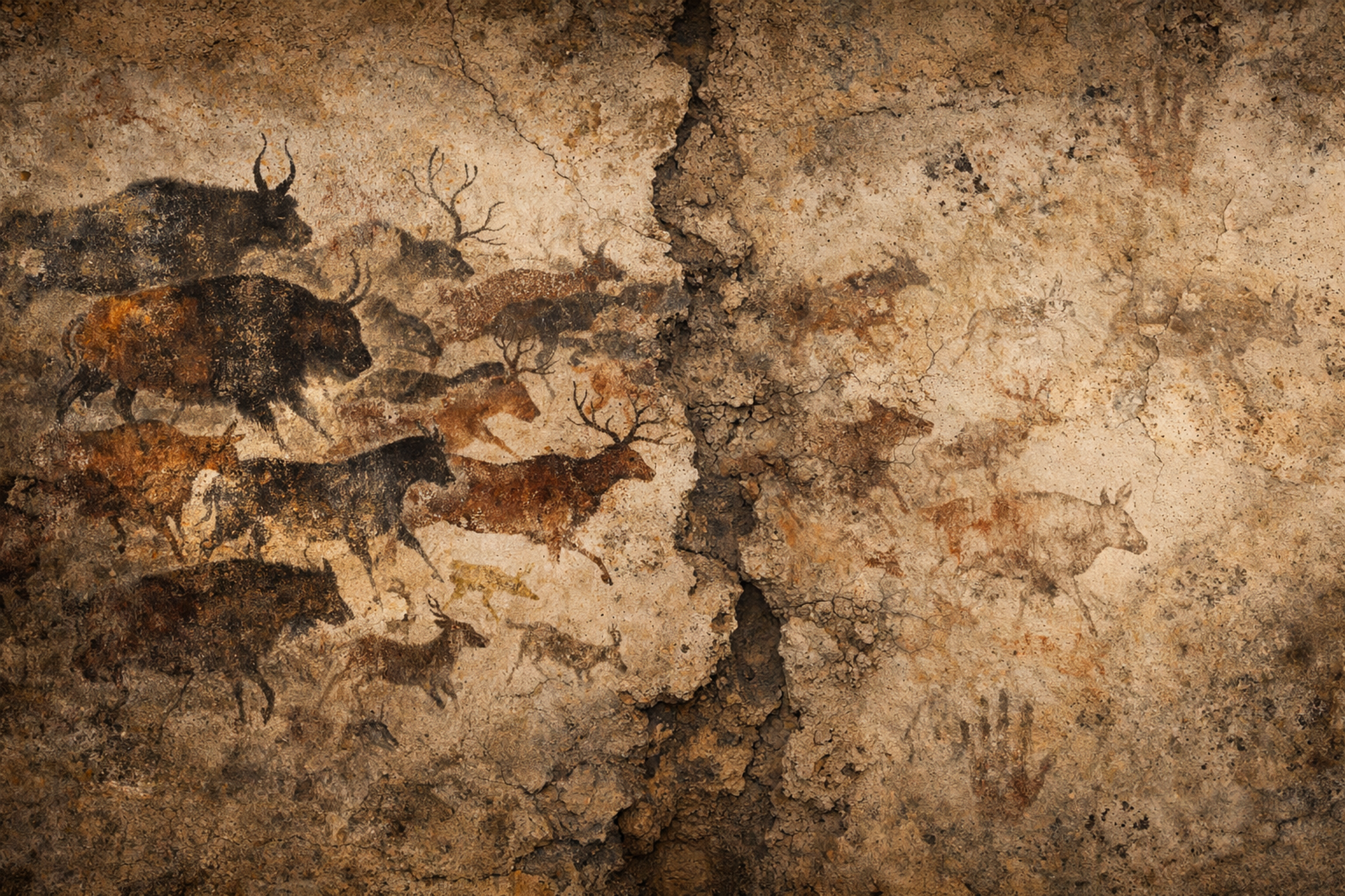 A cave-painting-style image of animals in motion—bison, deer, and other herd animals—painted across a cracked stone wall in earthy browns and ochres.