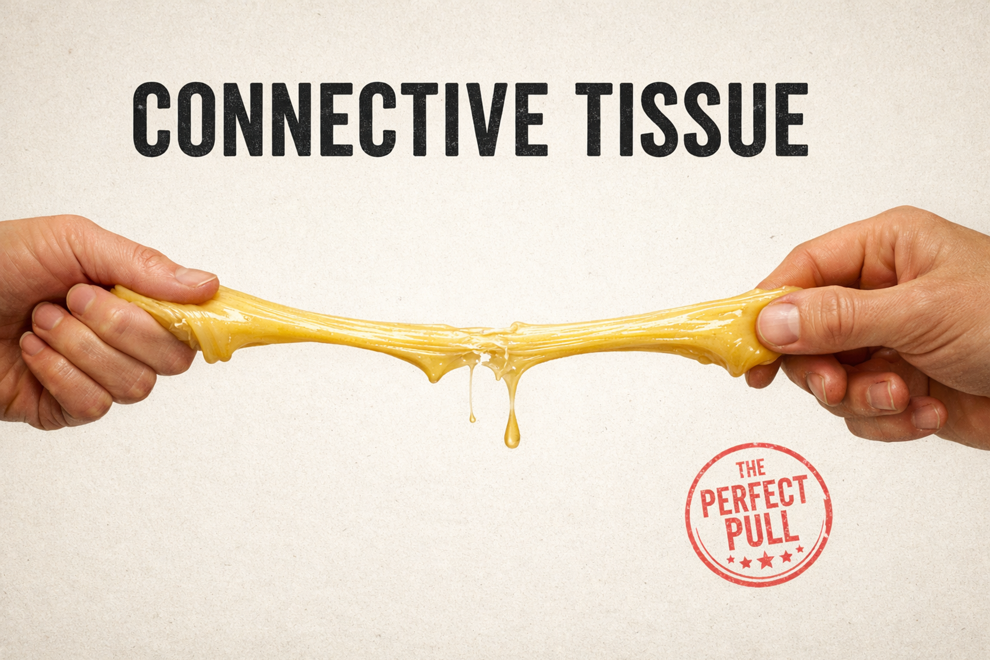 Two hands pull apart a strand of sticky material beneath the words “Connective Tissue,” with a stamped label reading “The Perfect Pull.”