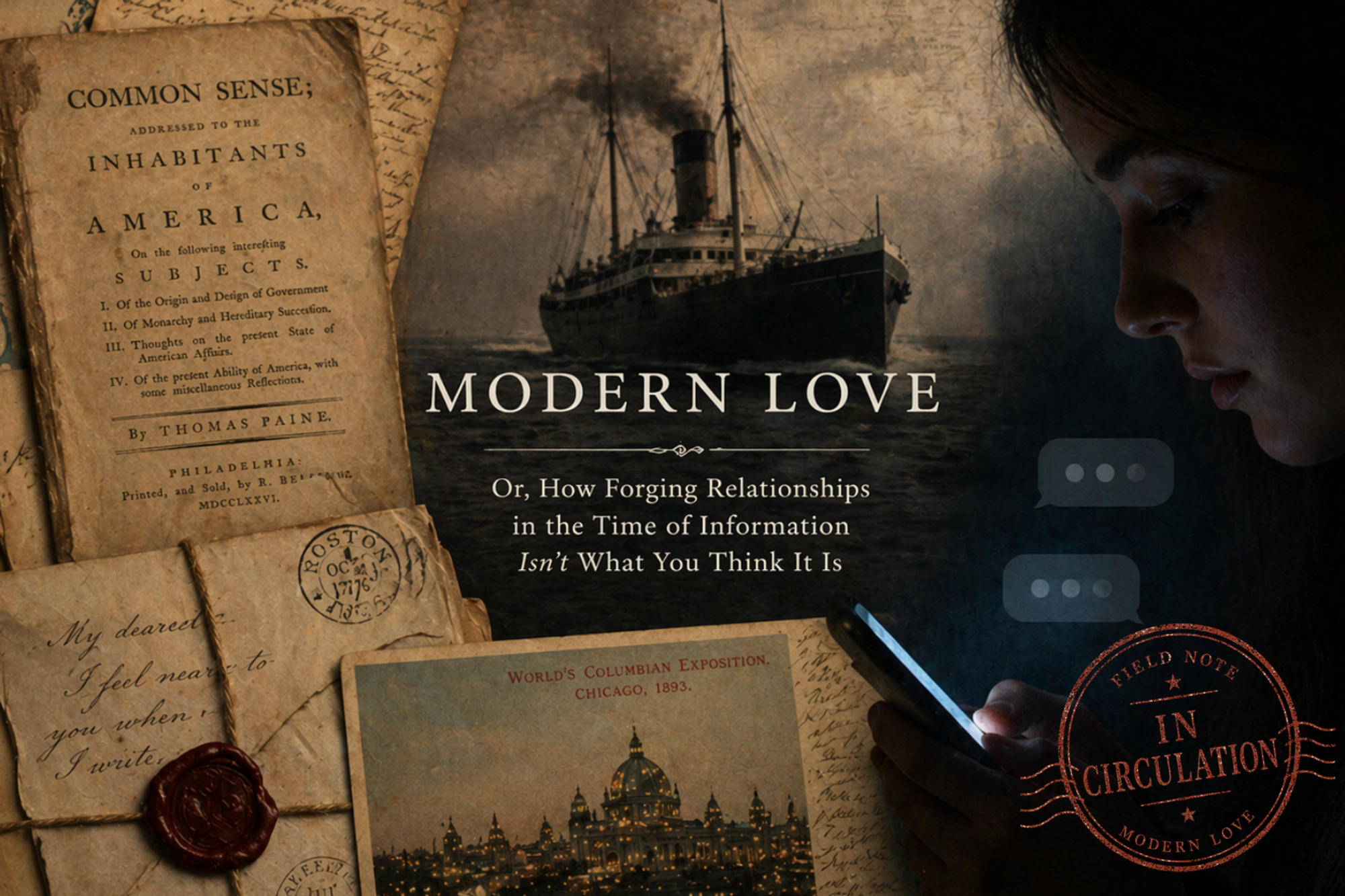 Vintage-style collage showing handwritten letters, a copy of Common Sense, a steamship, and a person looking at a glowing smartphone, with the title “Modern Love” and a red “In Circulation” stamp.