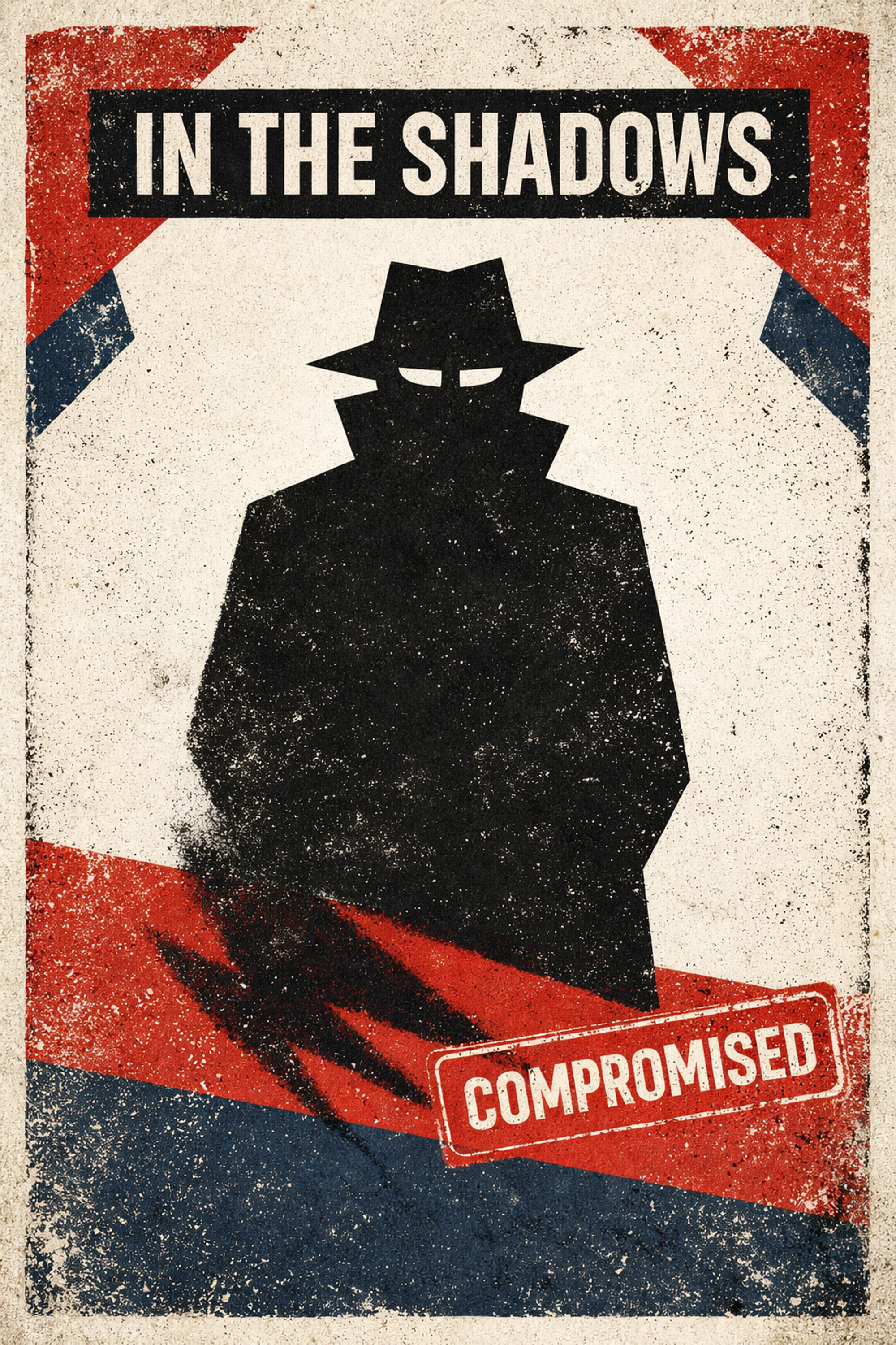 A distressed poster-style image showing a shadowy figure in a hat and coat, with the words “In the Shadows” above and a stamped label reading “Compromised.”