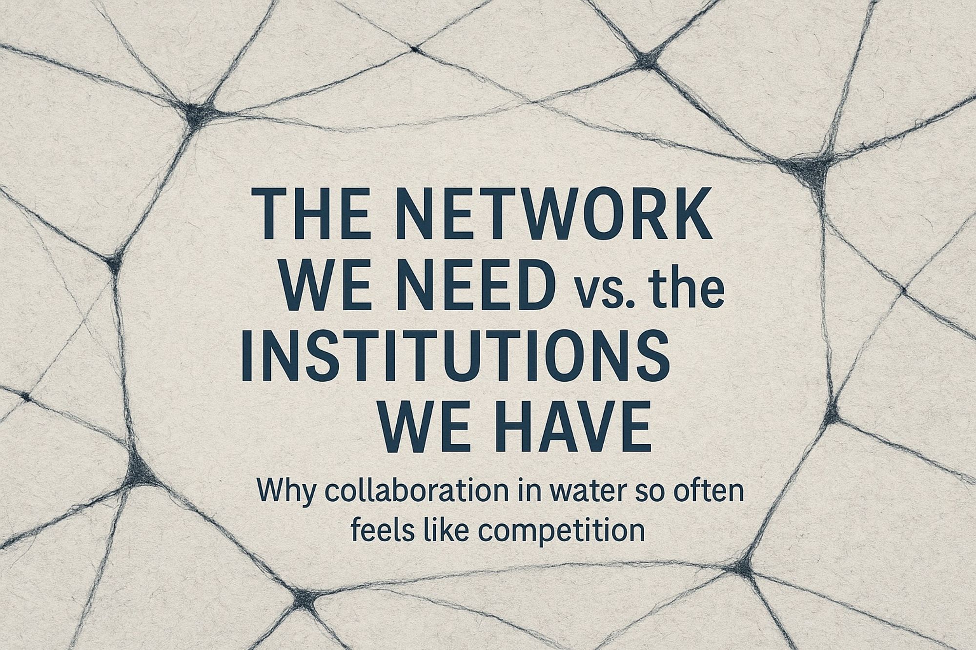 Text reading “The Network We Need vs. the Institutions We Have” over a background of interconnected, web-like lines resembling a network or cracked surface.