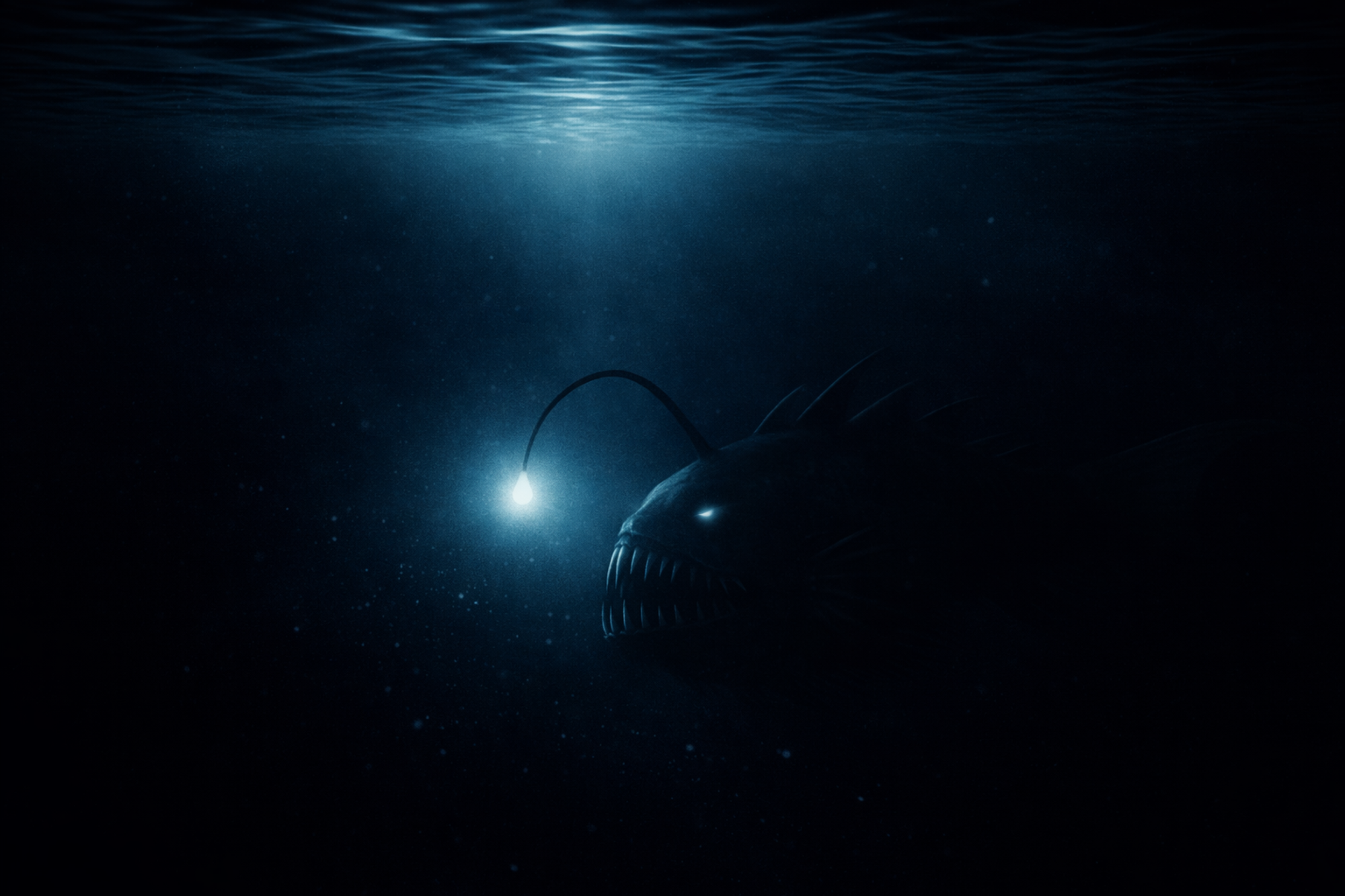 A bioluminescent deep-sea fish emerges from darkness, its glowing lure illuminating only a small patch of water while most of its body remains hidden in shadow.