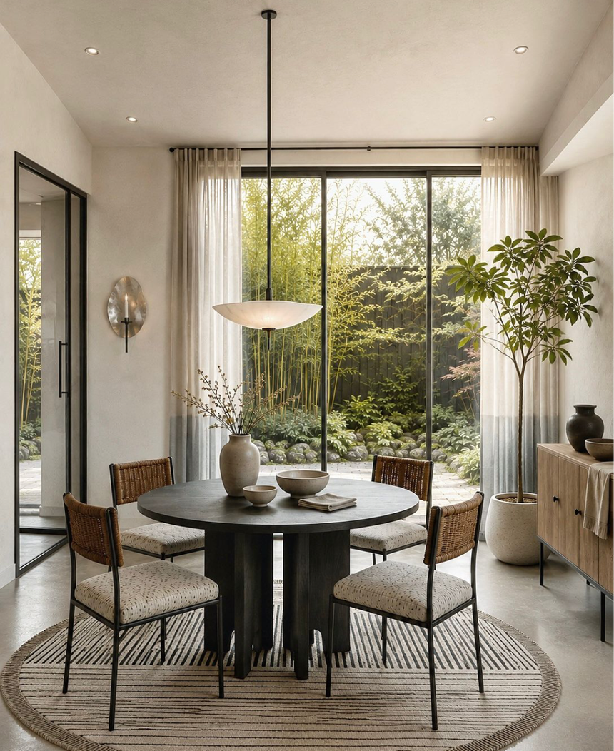 Dining room with a round table and rattan chairs facing a garden