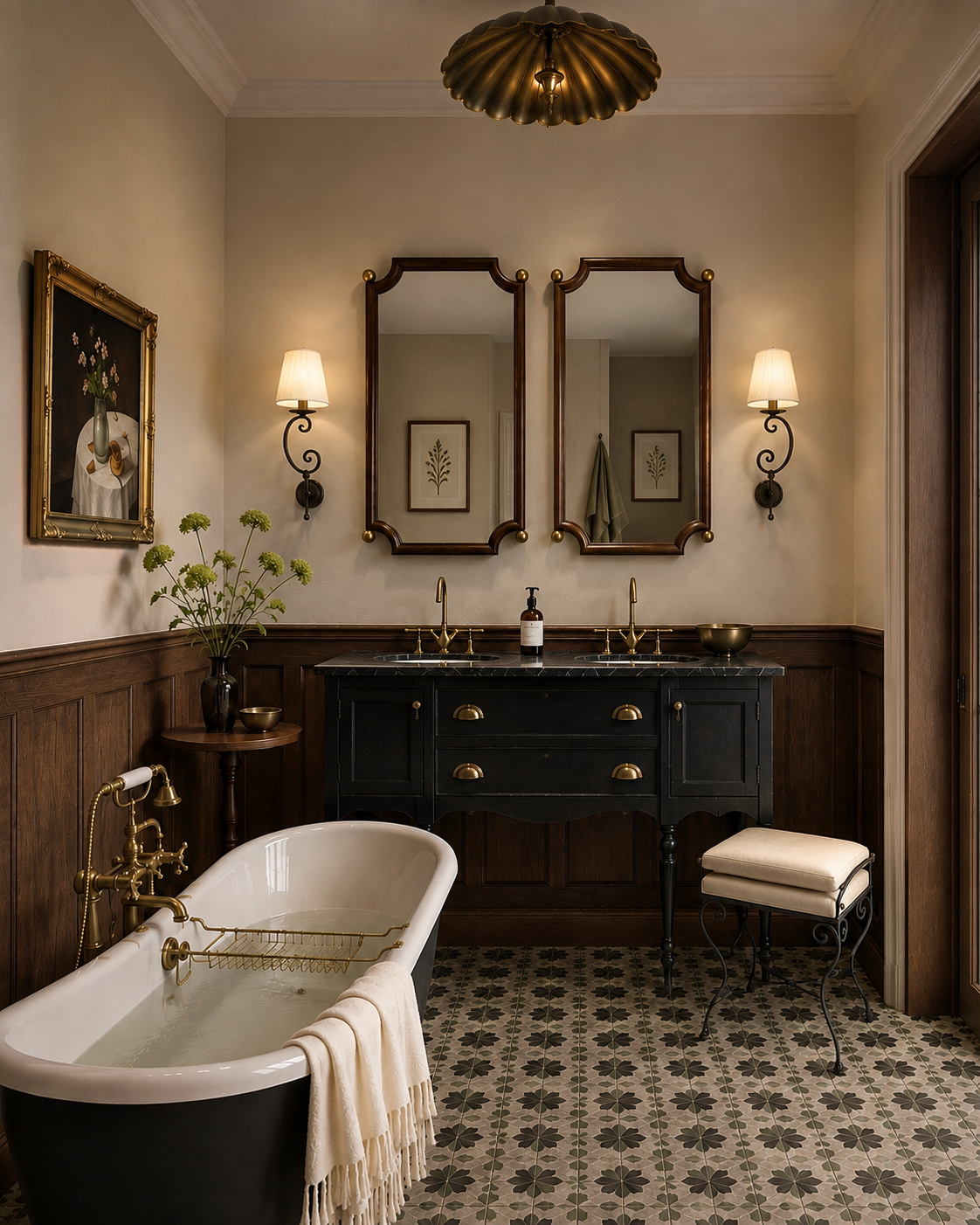 Bathroom with twin mirrors, a black vanity and a freestanding tub