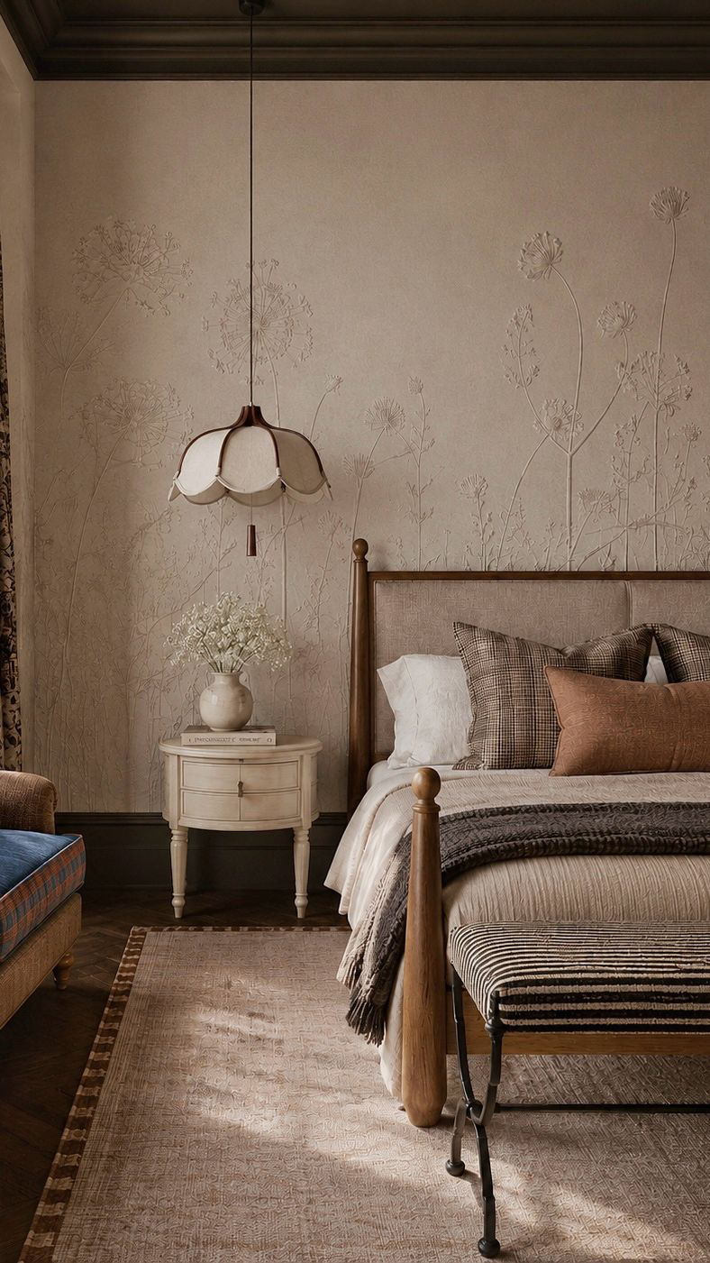Bedroom with a turned-wood bed and pendant light