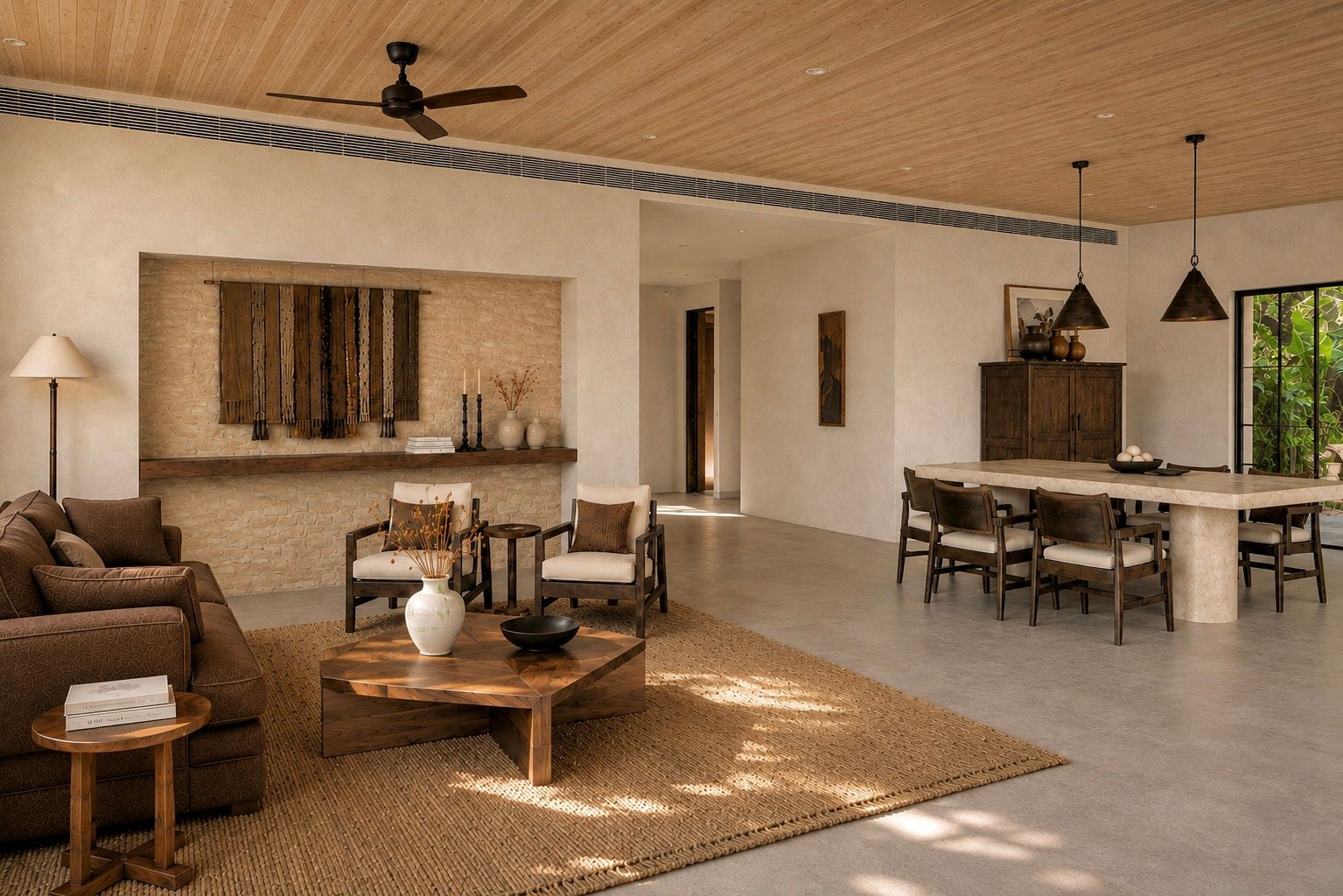 Open-plan living and dining room under a timber ceiling