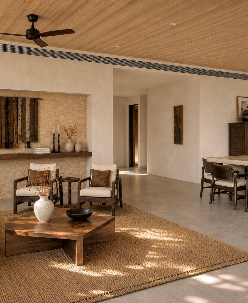 Open-plan living and dining room under a timber ceiling