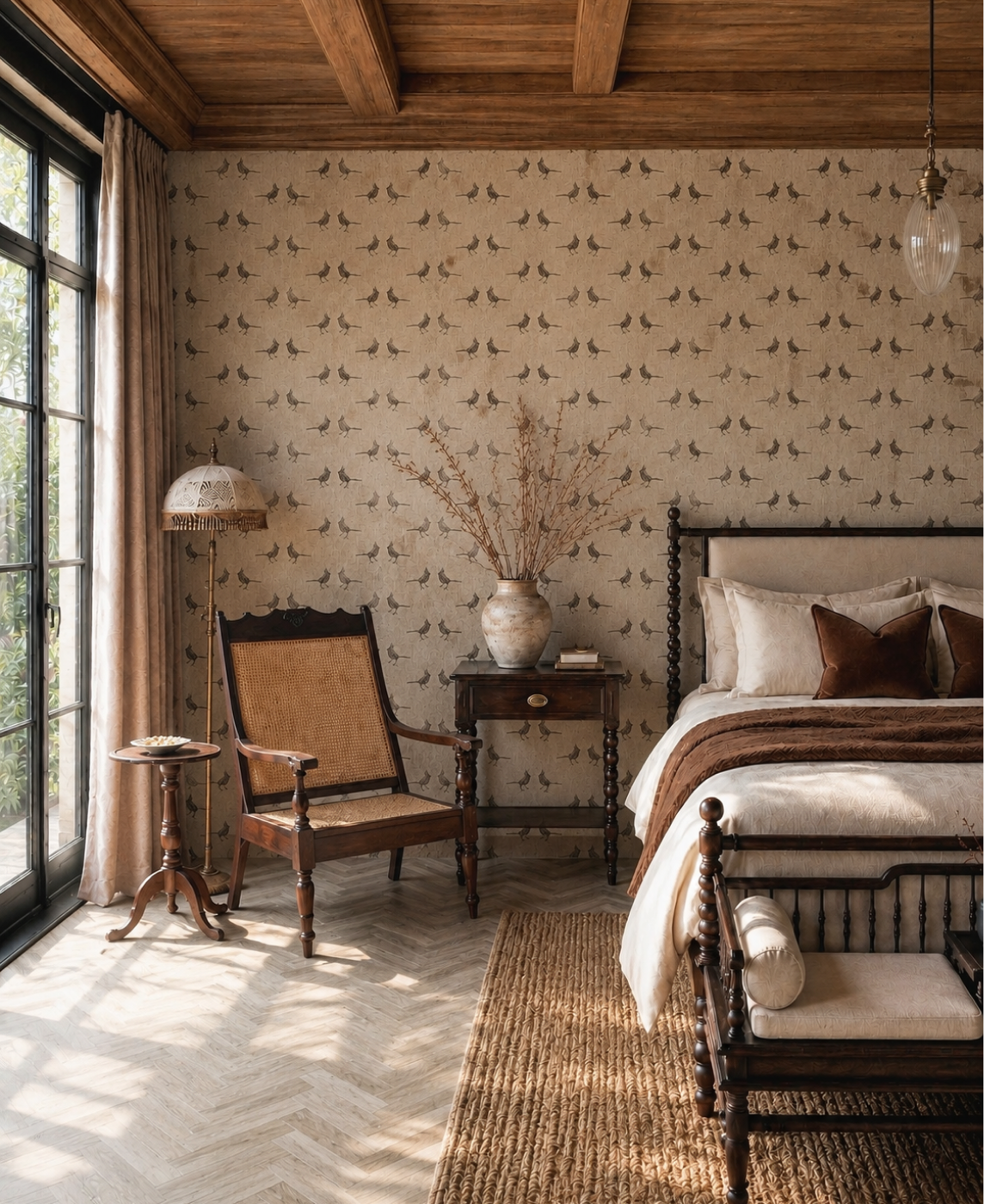 Bedroom with bird-print wallpaper, timber beams and a rattan armchair