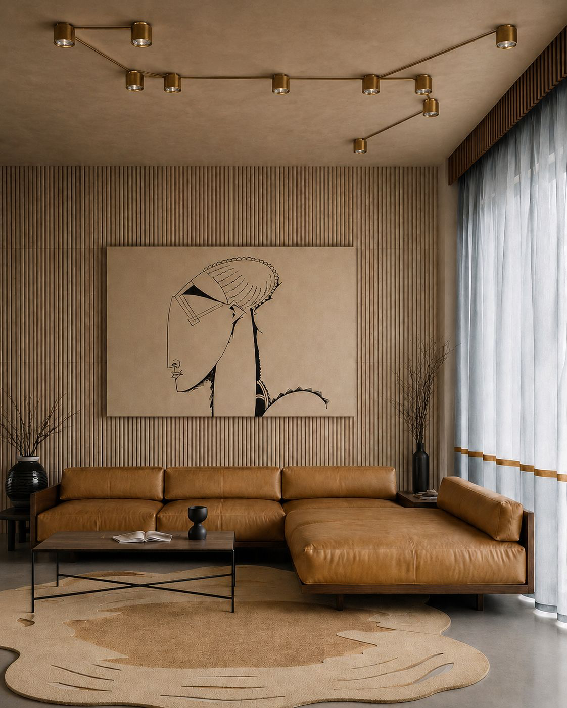 Living room with a tan leather sofa and line-art portrait