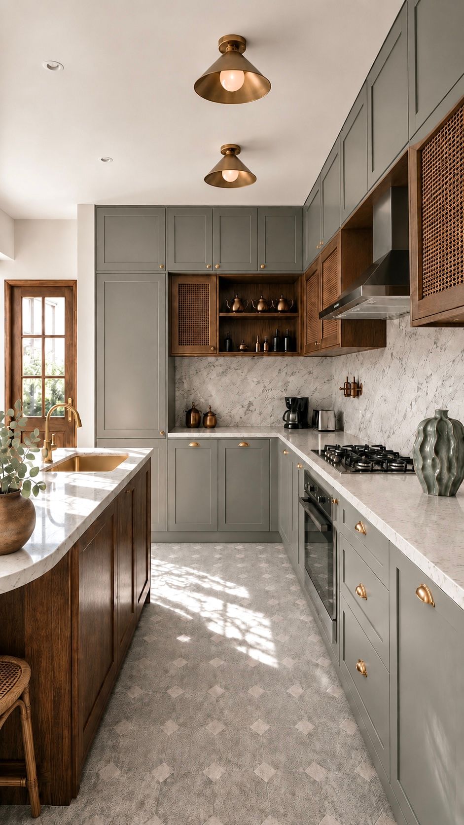 Kitchen with grey cabinetry and brass pendant lights