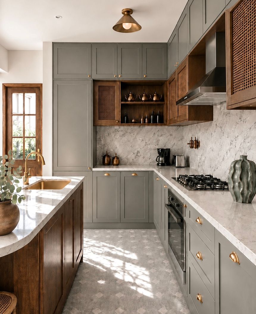 Kitchen with grey cabinetry and brass pendant lights