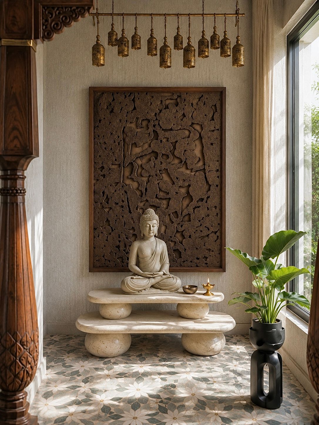 Entry niche with a carved wall panel and stone sculpture