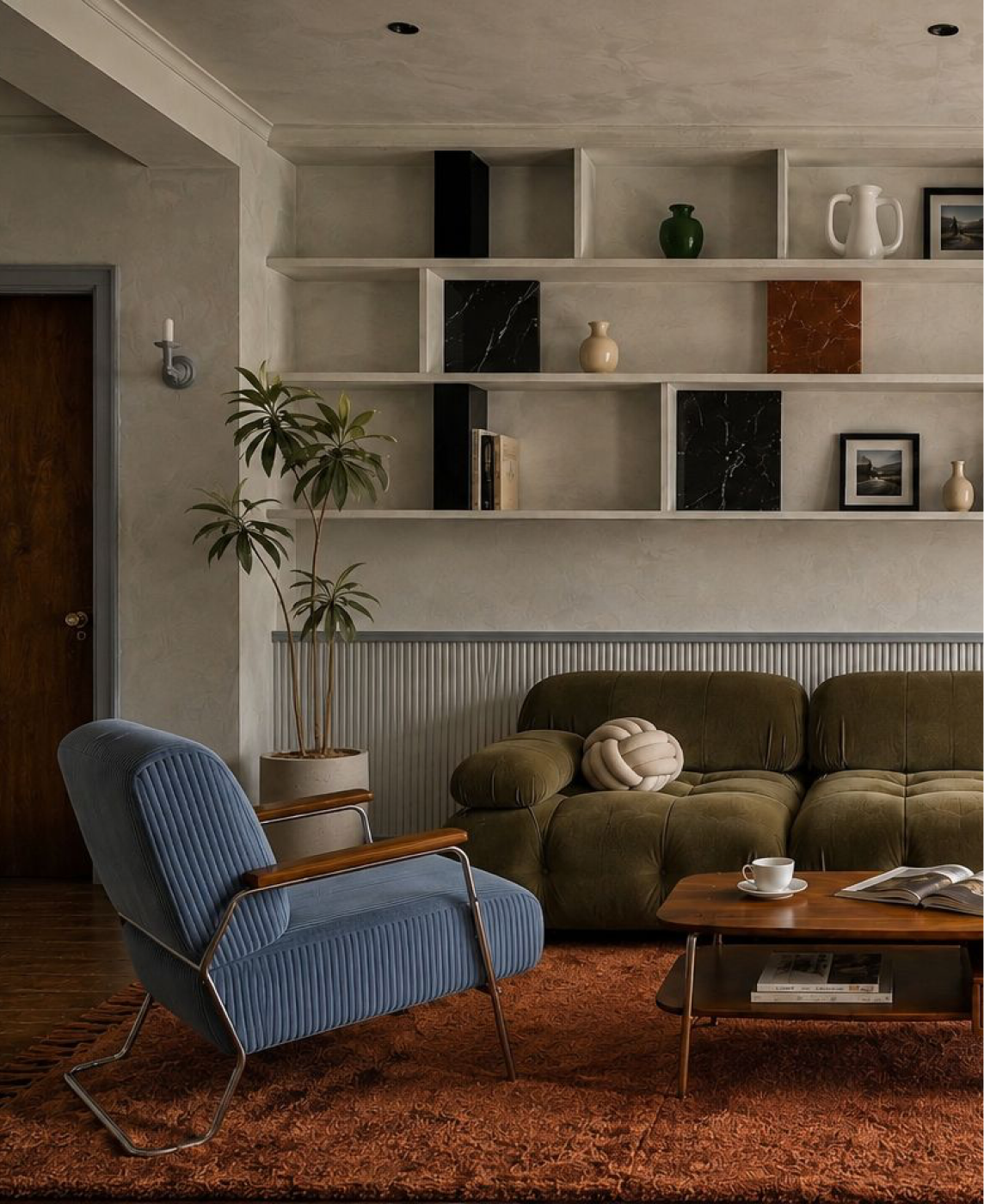 Living room with a blue corduroy armchair, olive sofa and open shelving