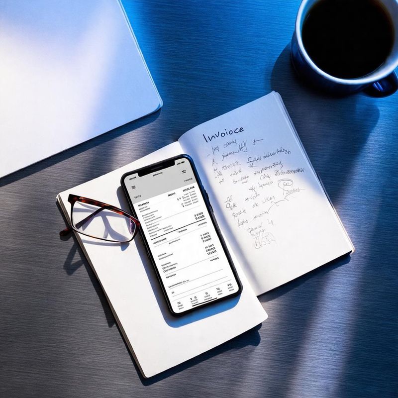 Flat‑lay of phone, notebook, glasses and coffee cup illustrating AI invoice automation